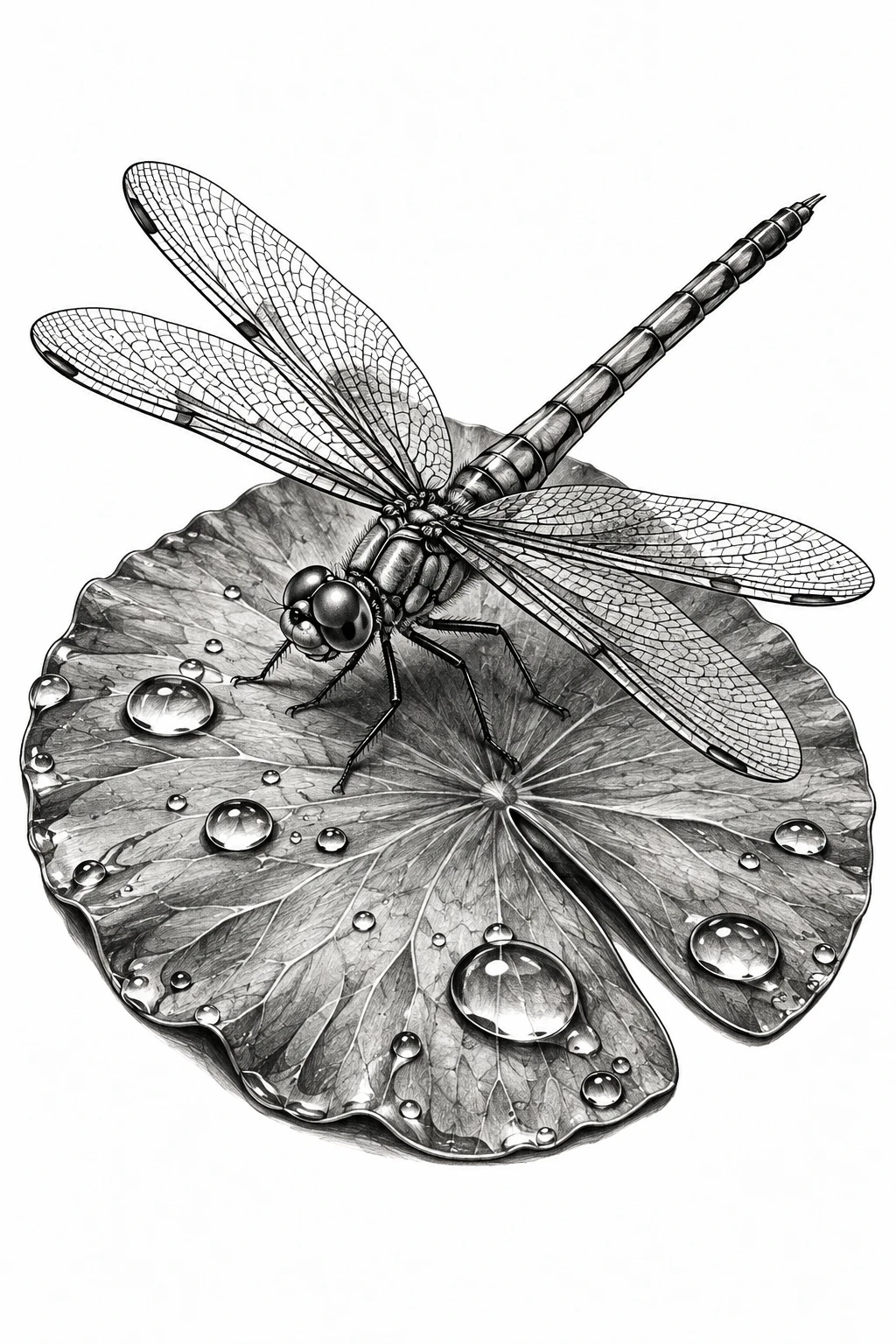 Desenho de tatuagem de Libélula sobre nenúfar com gotas d’água, modelo NR-0729, em preto e cinza.