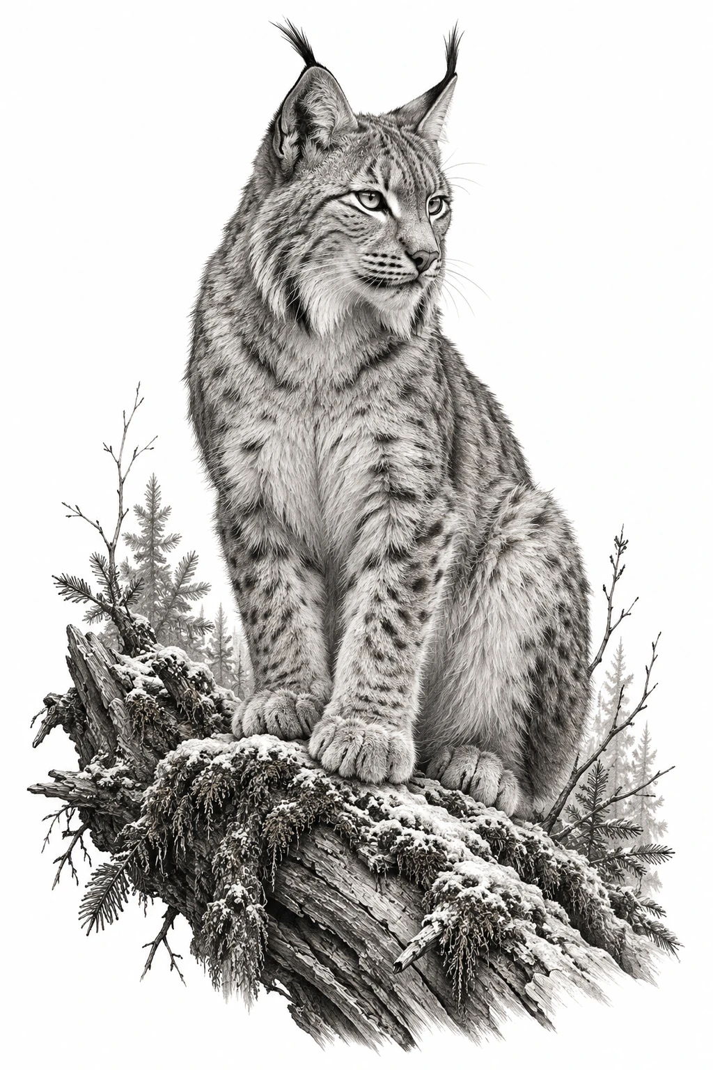 Desenho de tatuagem de Lince vigilante sobre tronco musgoso, modelo NR-0730, em preto e cinza.