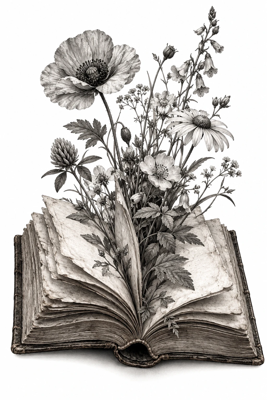 Desenho de tatuagem de Livro antigo com flores silvestres, modelo NR-0731, em preto e cinza.