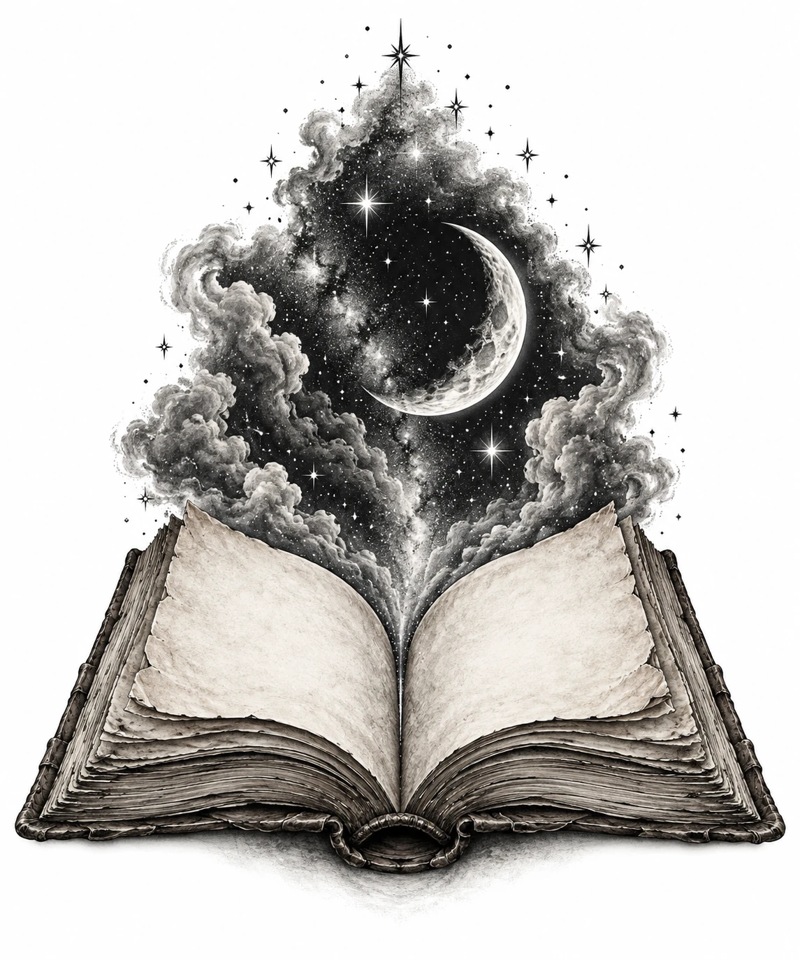 Desenho de tatuagem de Livro antigo com lua crescente e estrelas, modelo NR-0732, em preto e cinza.
