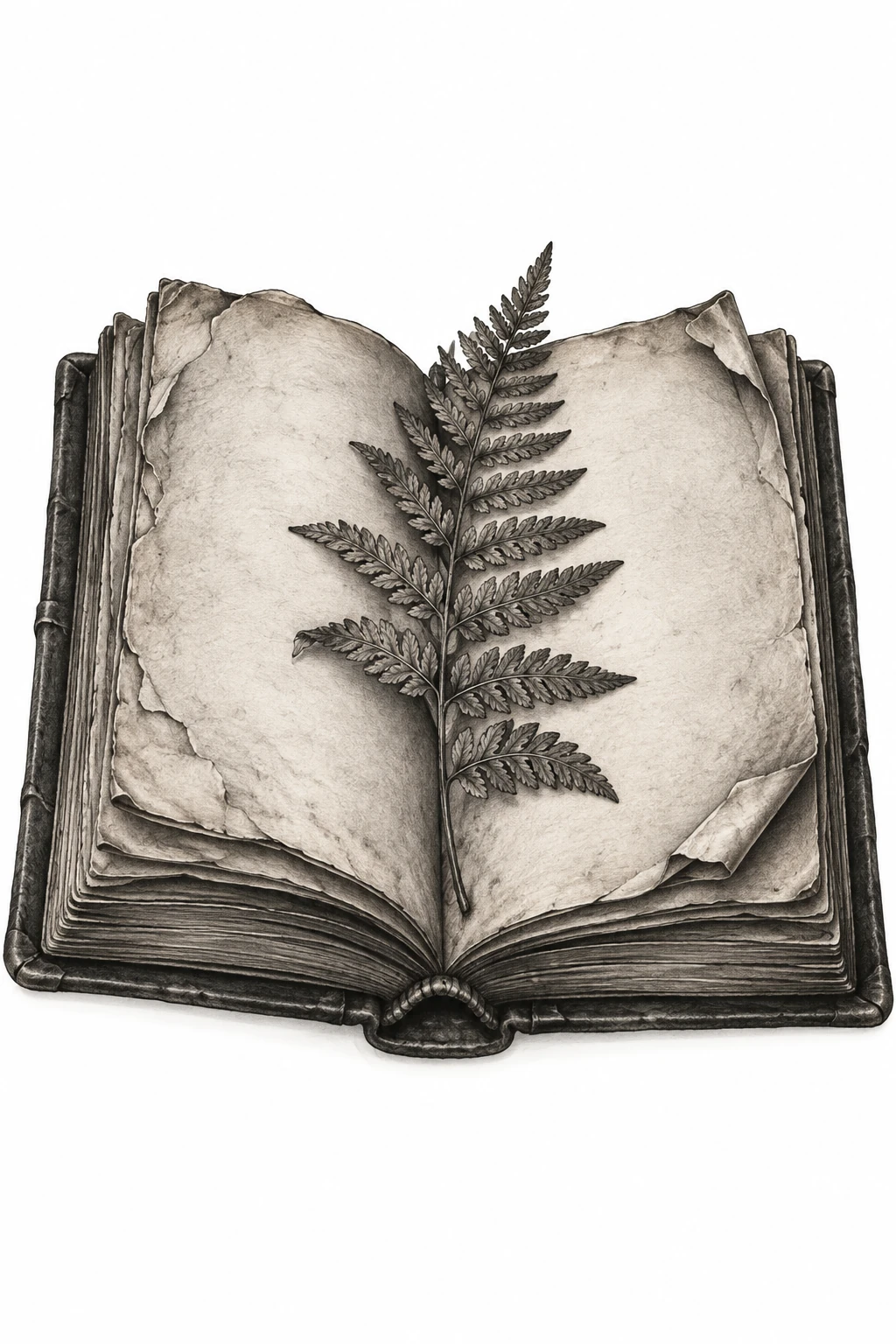 Desenho de tatuagem de Livro antigo com samambaia prensada, modelo NR-0733, em preto e cinza.