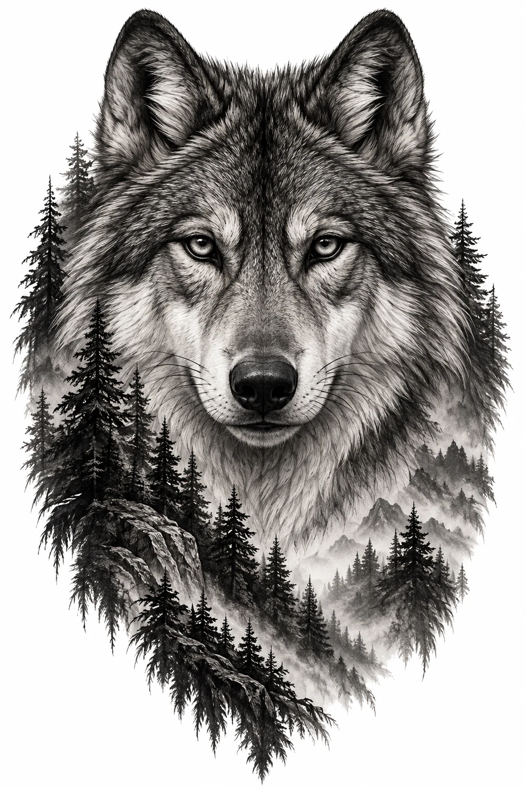Desenho de tatuagem de Lobo atento entre pinheiros sutis, modelo NR-0734, em preto e cinza.