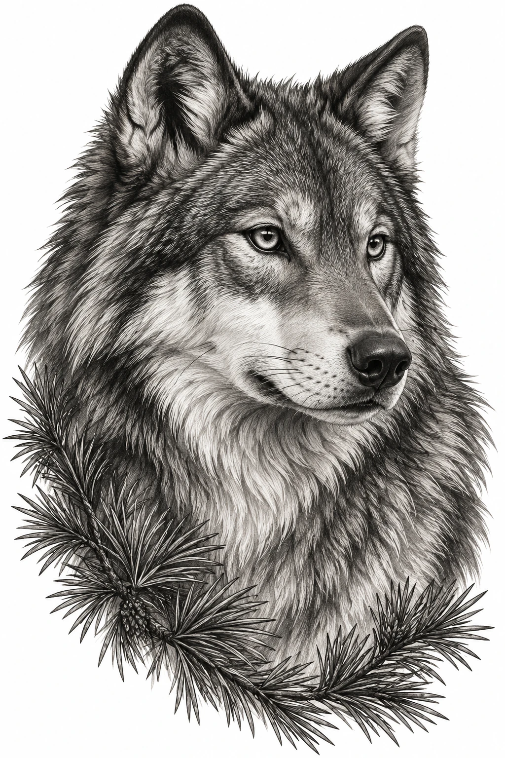 Desenho de tatuagem de Lobo cinzento realista com pinheiros, modelo NR-0735, em preto e cinza.