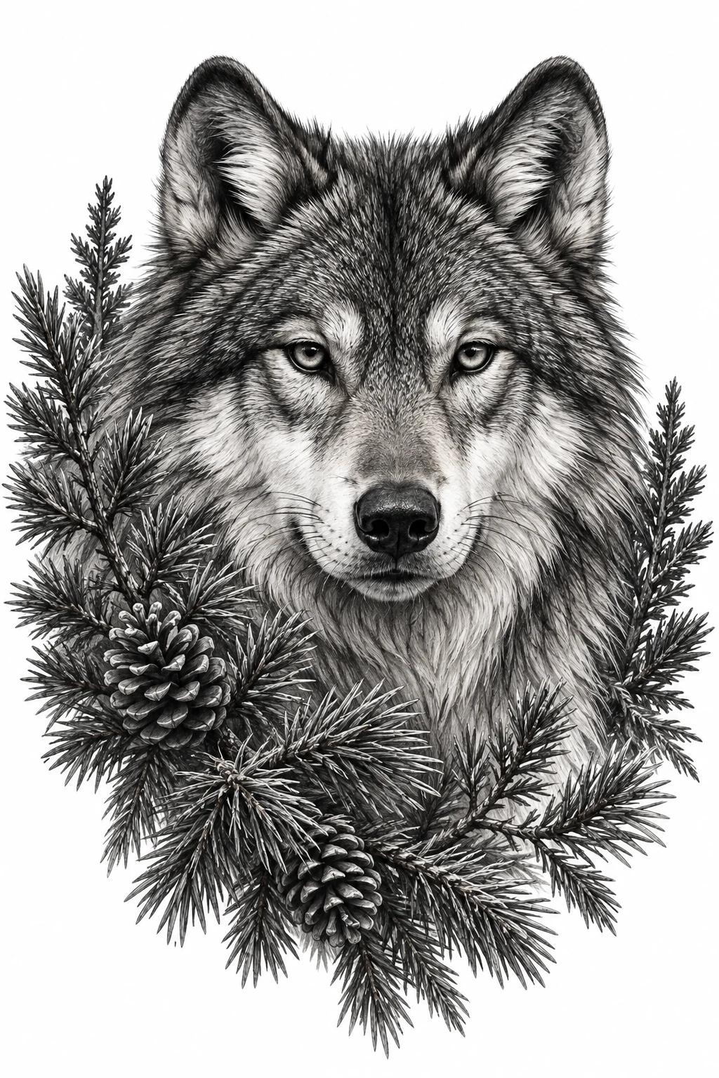 Desenho de tatuagem de Lobo majestoso entre ramos alpinos, modelo NR-0736, em preto e cinza.