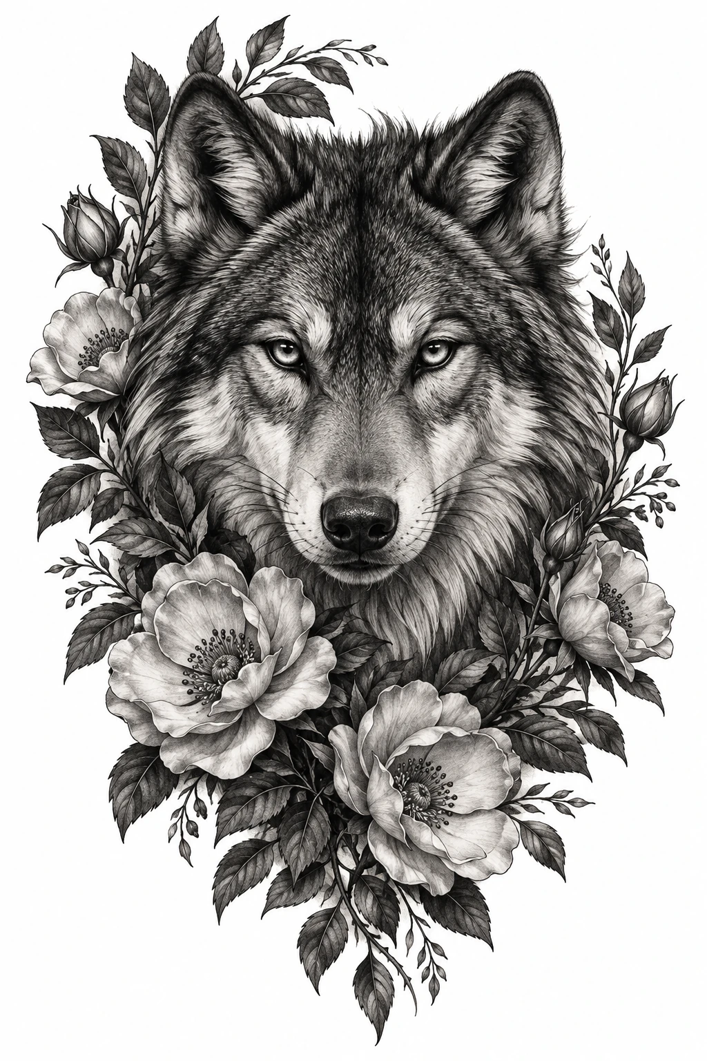 Desenho de tatuagem de Lobo majestoso entre rosas selvagens, modelo NR-0737, em preto e cinza.