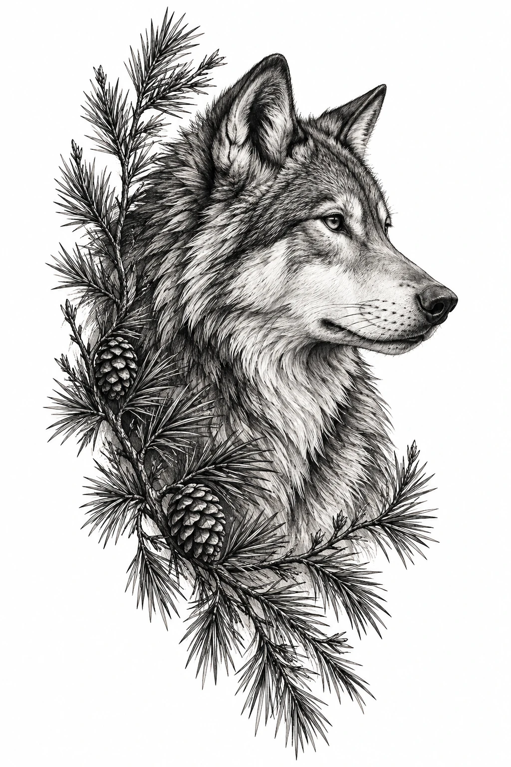 Desenho de tatuagem de Lobo sereno entre pinheiros, modelo NR-0738, em preto e cinza.
