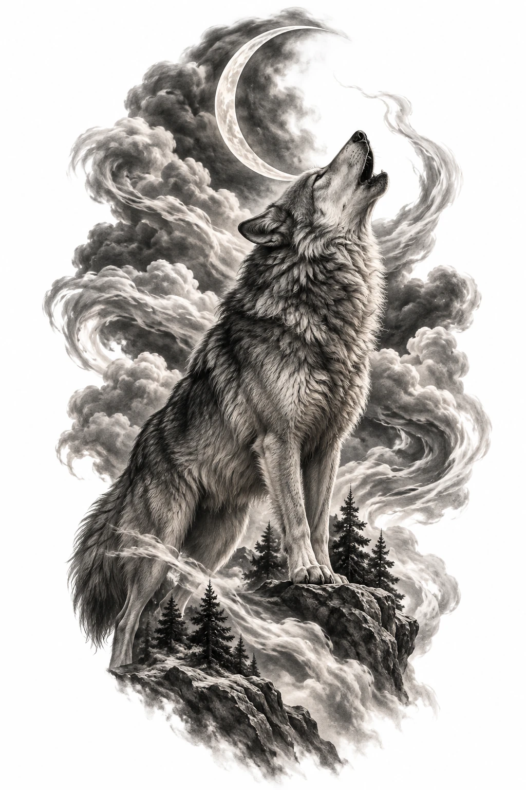 Desenho de tatuagem de Lobo uivando sob lua crescente(1), modelo NR-0739, em preto e cinza.