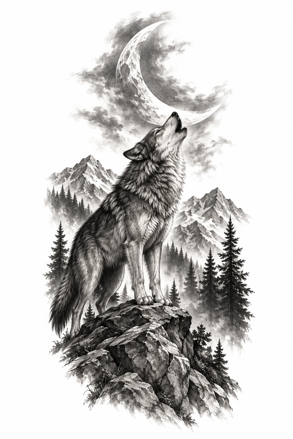Desenho de tatuagem de Lobo uivando sob lua crescente, modelo NR-0740, em preto e cinza.