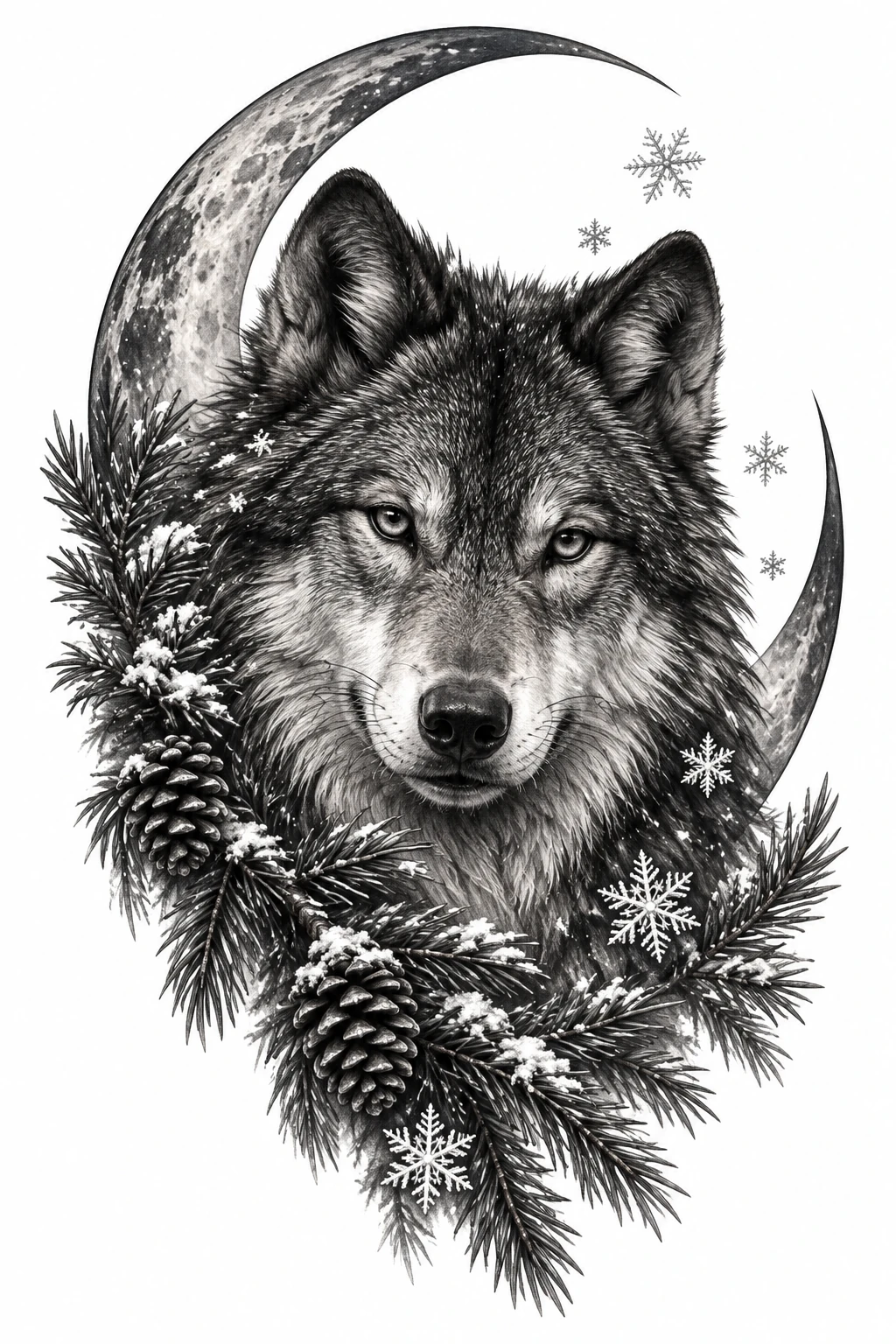 Desenho de tatuagem de Lobo vigilante sob lua crescente, modelo NR-0741, em preto e cinza.