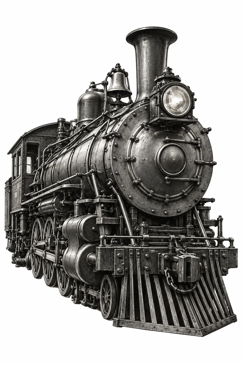 Desenho de tatuagem de Locomotiva a vapor vintage realista, modelo NR-0742, em preto e cinza.