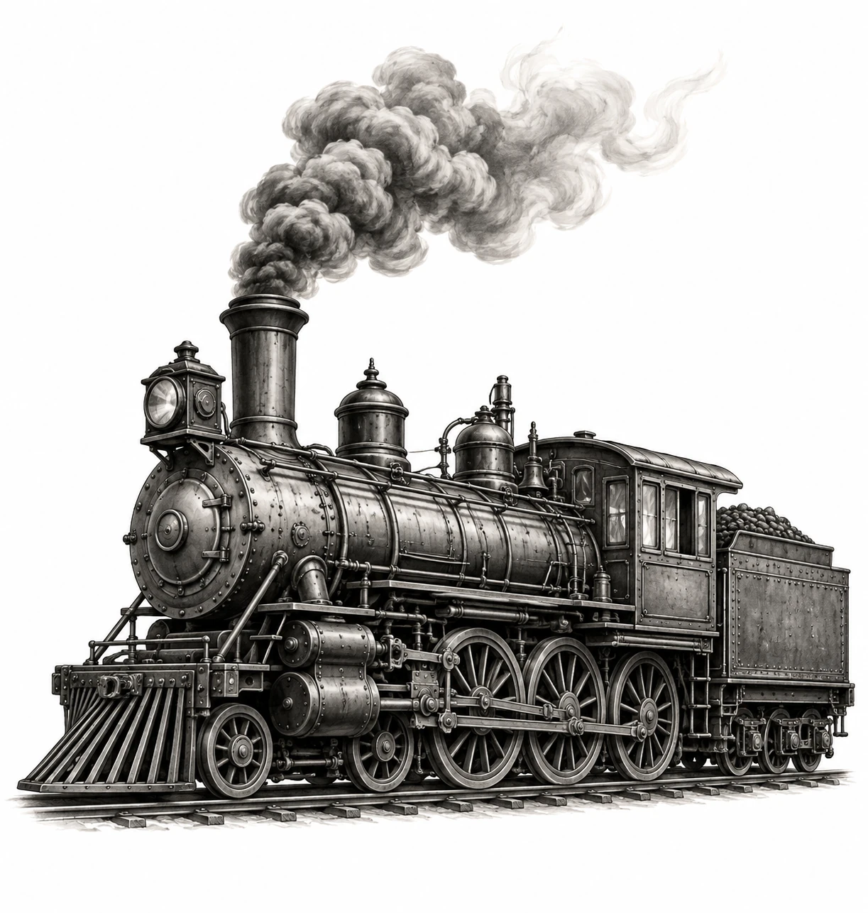 Desenho de tatuagem de Locomotiva vintage com fumaça suave, modelo NR-0743, em preto e cinza.