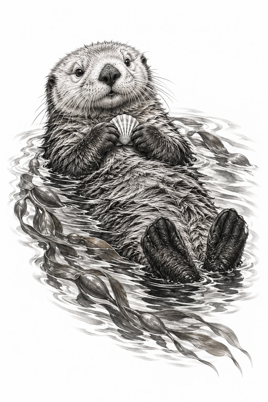 Desenho de tatuagem de Lontra-marinha flutuando com concha, modelo NR-0744, em preto e cinza.