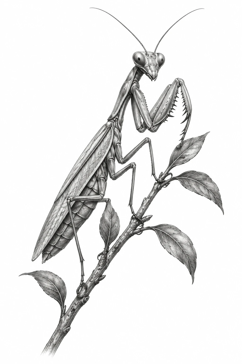 Desenho de tatuagem de Louva-a-deus em galho delicado, modelo NR-0745, em preto e cinza.