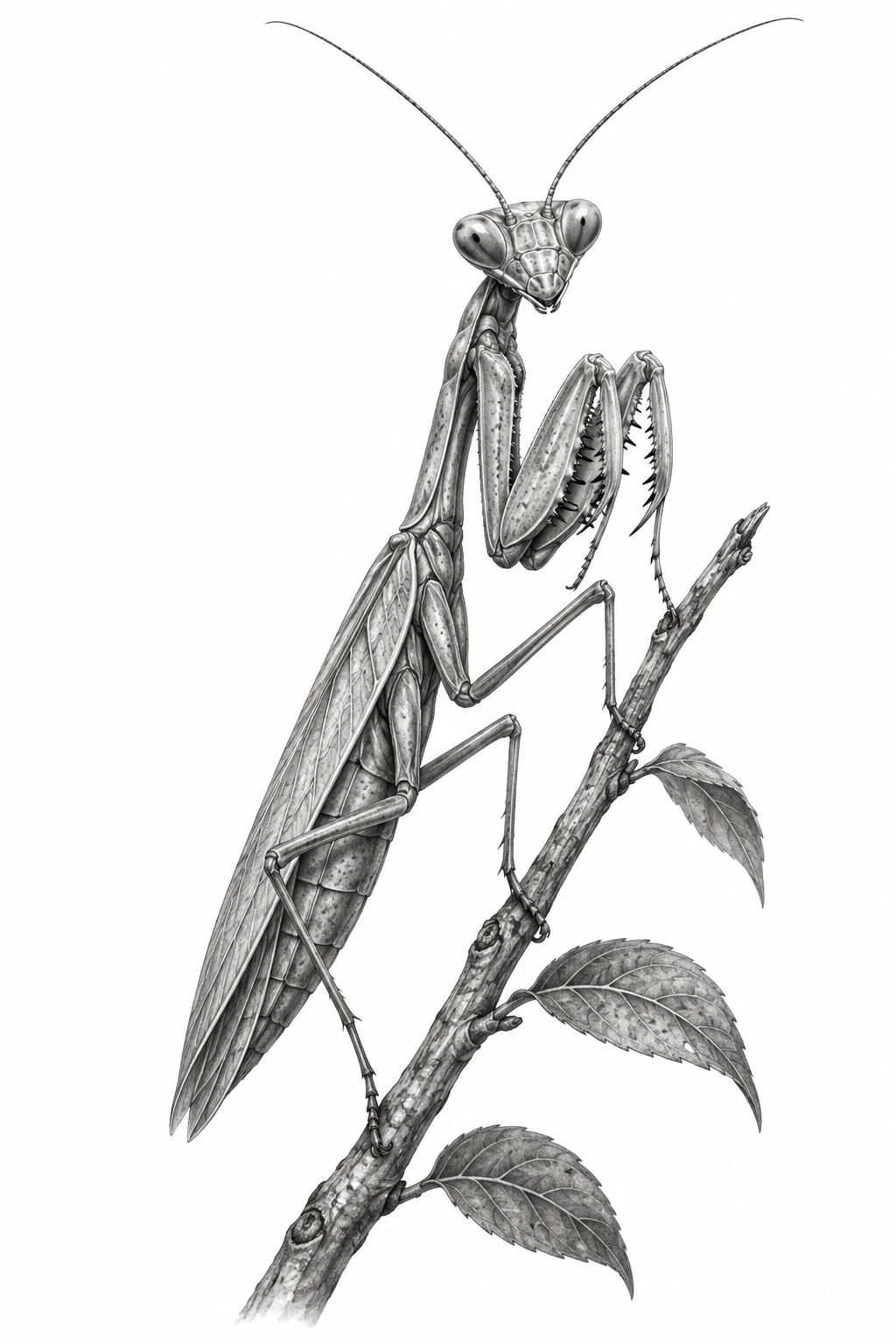 Desenho de tatuagem de Louva-a-deus em galho fino, modelo NR-0746, em preto e cinza.