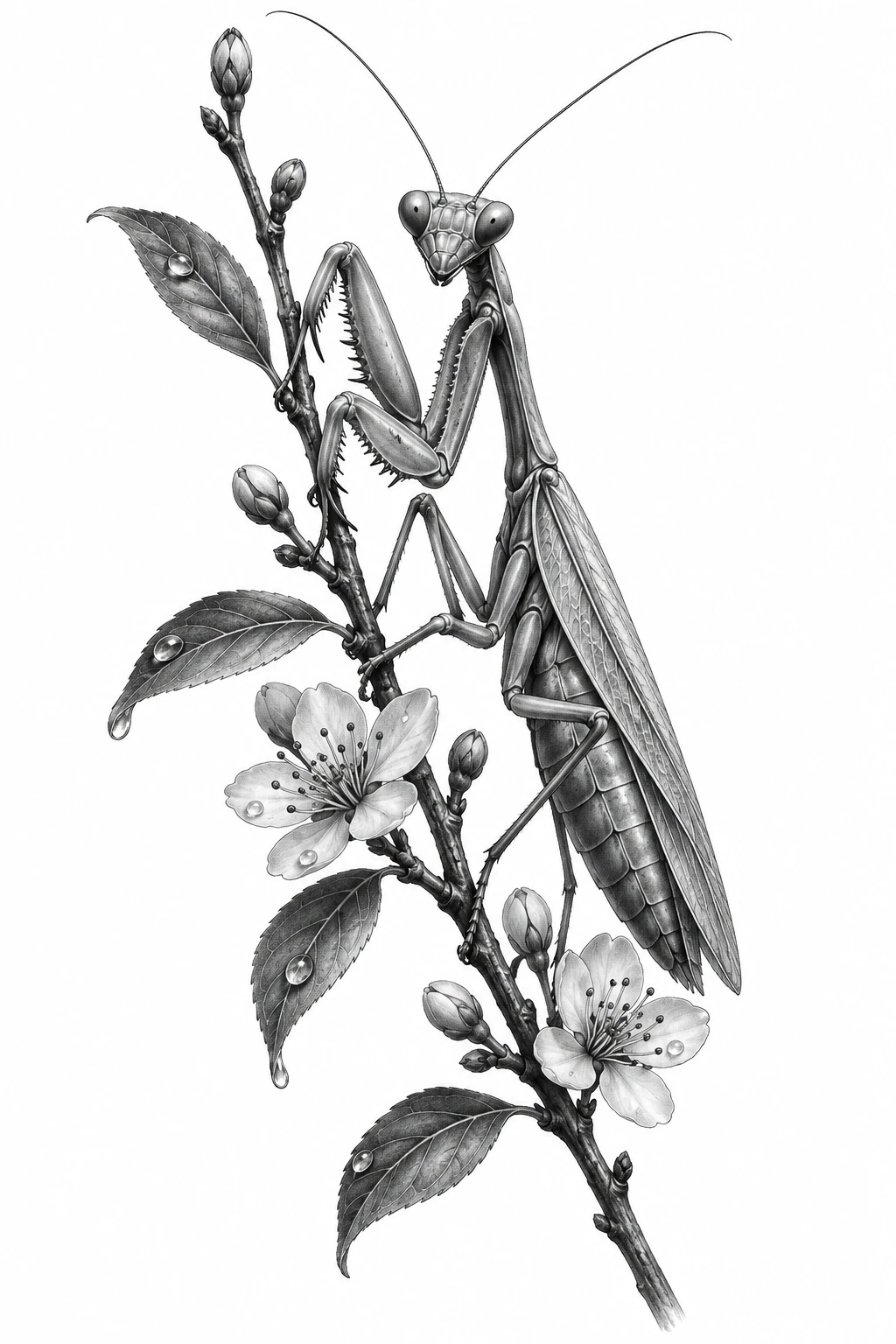 Desenho de tatuagem de Louva-a-deus no galho florido, modelo NR-0747, em preto e cinza.