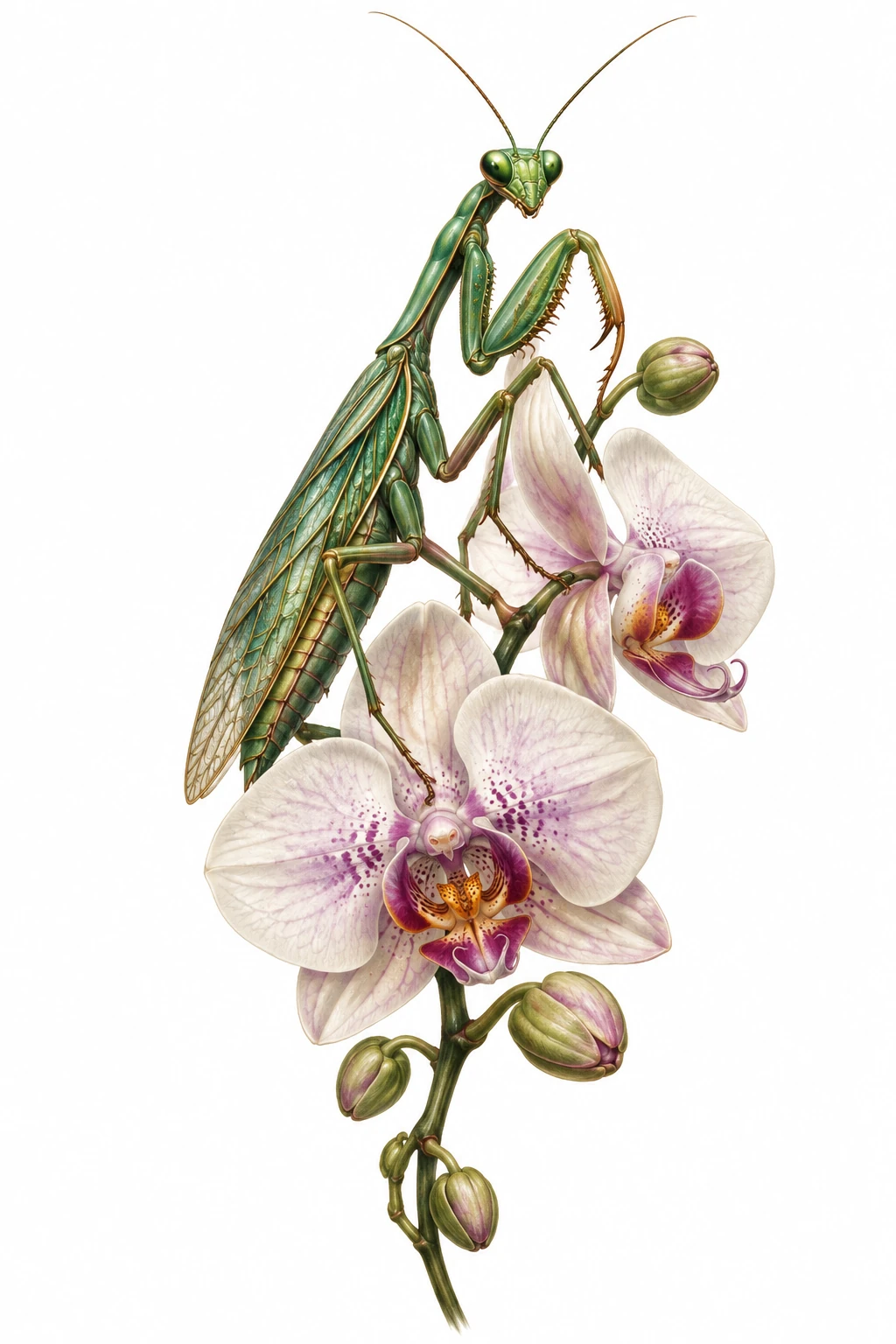 Desenho de tatuagem de Louva-a-deus sobre orquídea de jade, modelo NR-0749, em preto e cinza.