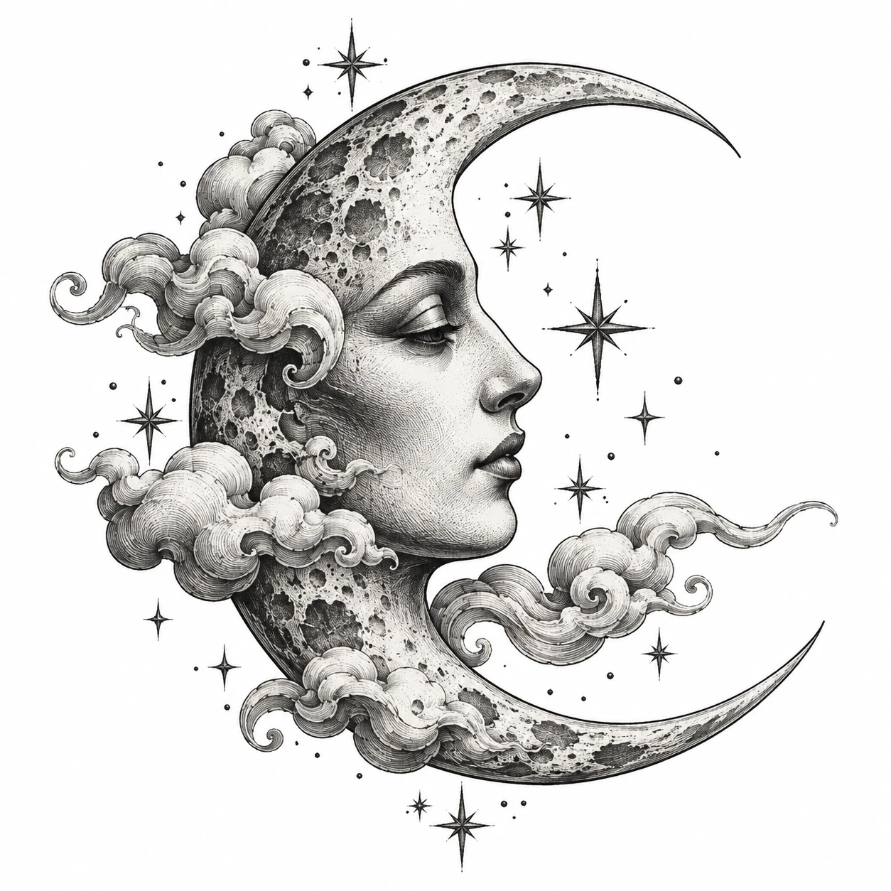 Desenho de tatuagem de Lua crescente com rosto, estrelas e nuvens, modelo NR-0750, em preto e cinza.