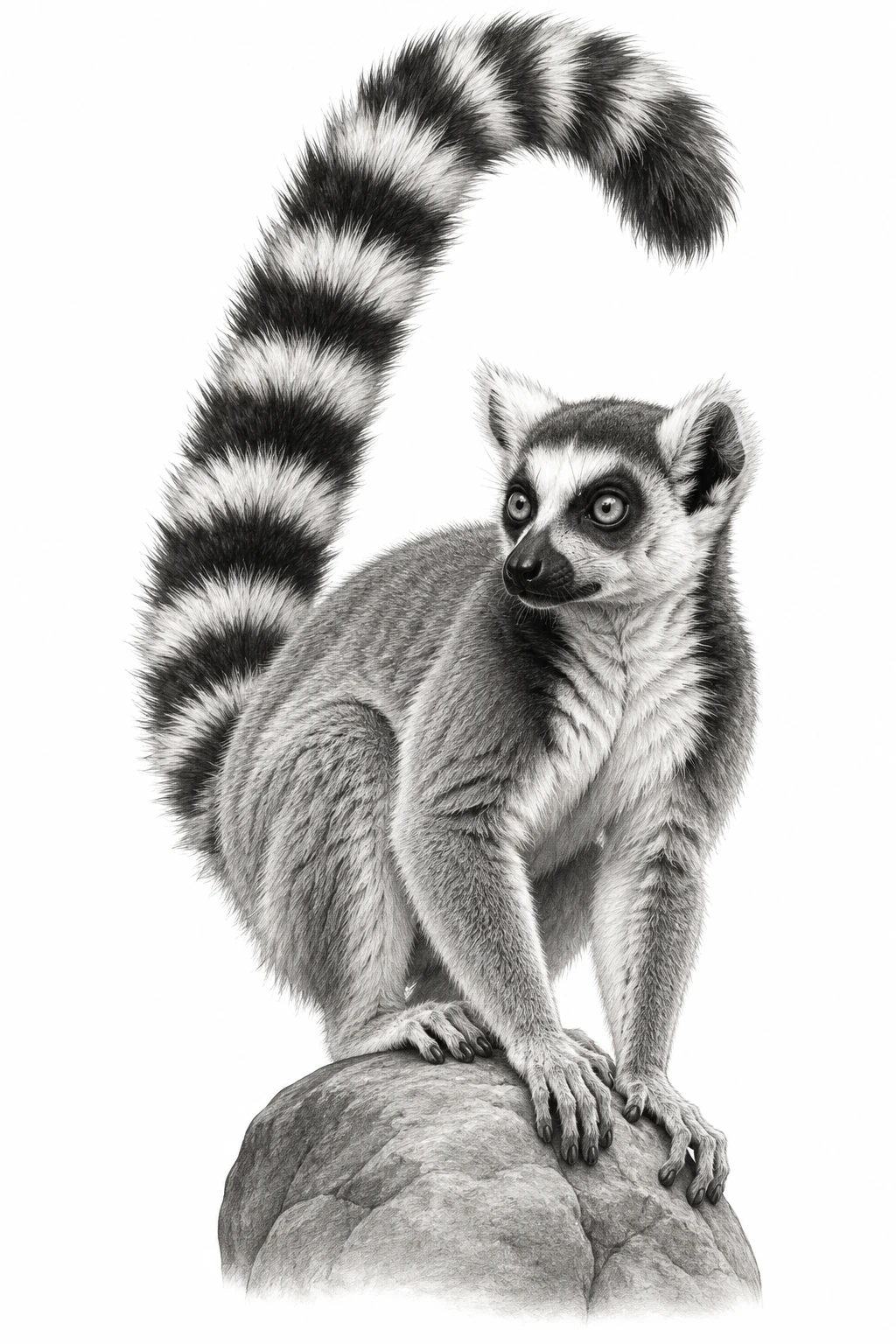 Desenho de tatuagem de Lêmure de cauda anelada sobre pedra, modelo NR-0751, em preto e cinza.