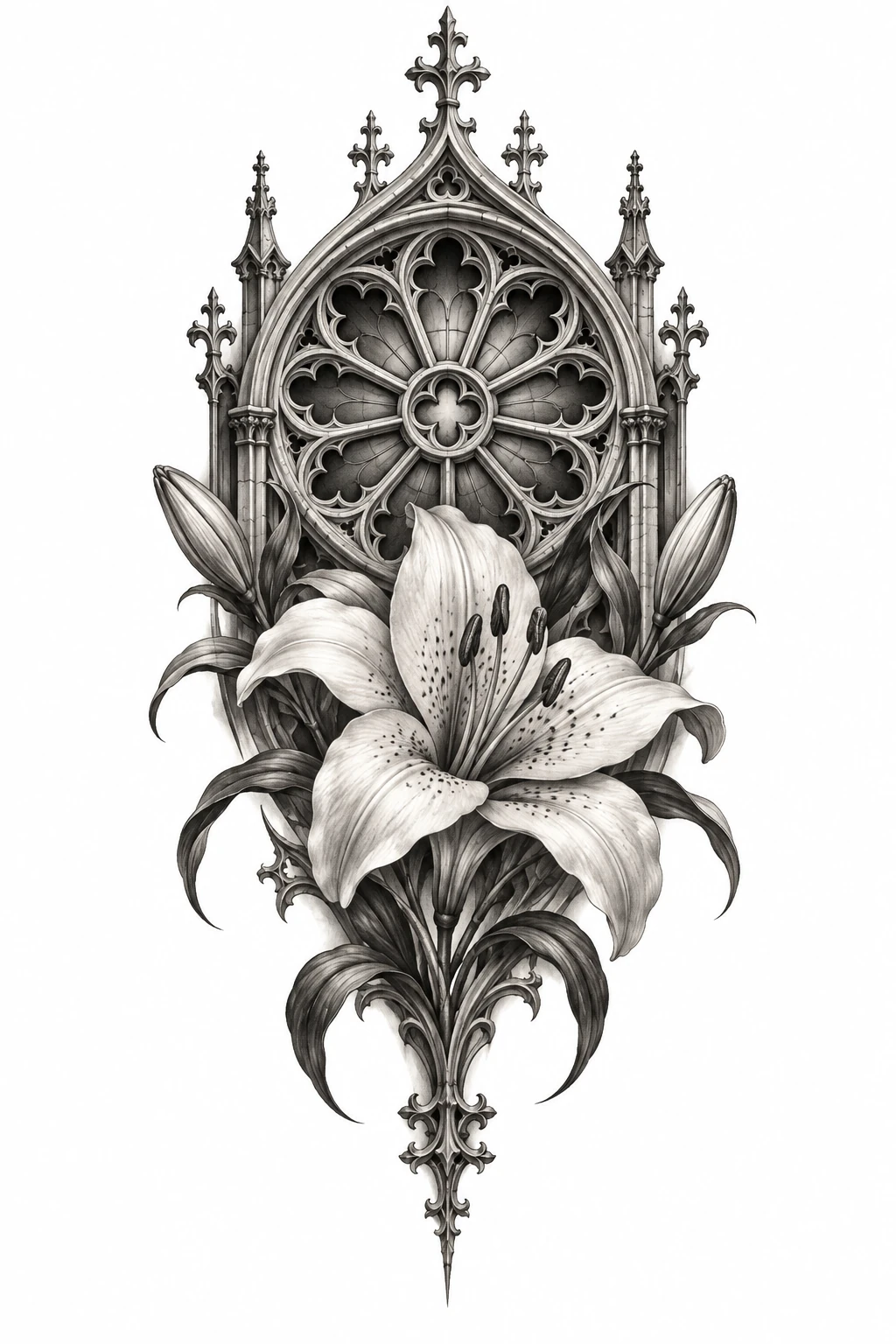 Desenho de tatuagem de Lírio sob rosácea gótica, modelo NR-0752, em preto e cinza.