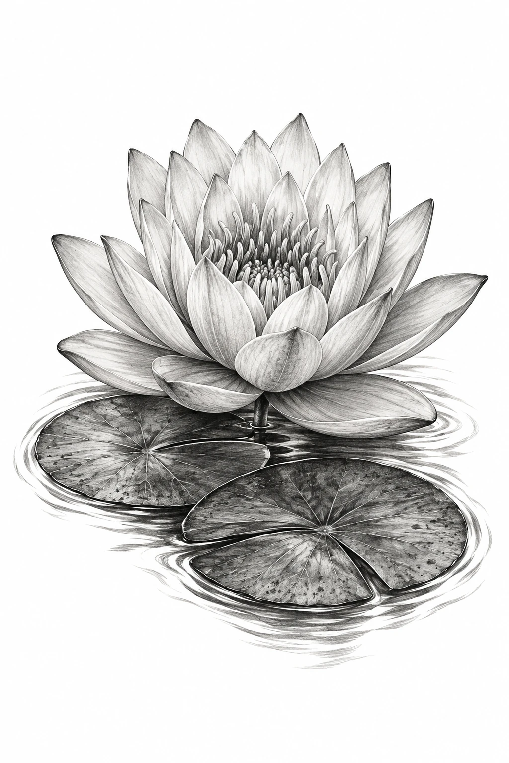 Desenho de tatuagem de Lírio-d’água em traço fino, modelo NR-0753, em preto e cinza.