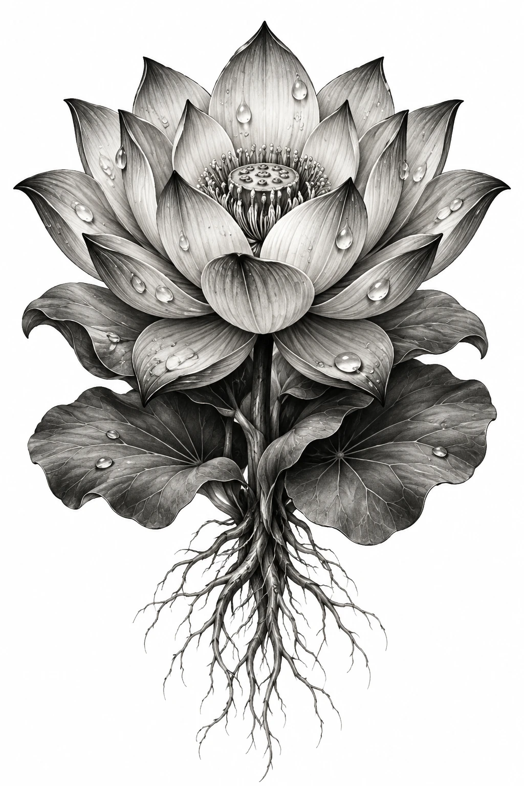 Desenho de tatuagem de Lótus elegante com gotas e raízes, modelo NR-0754, em preto e cinza.