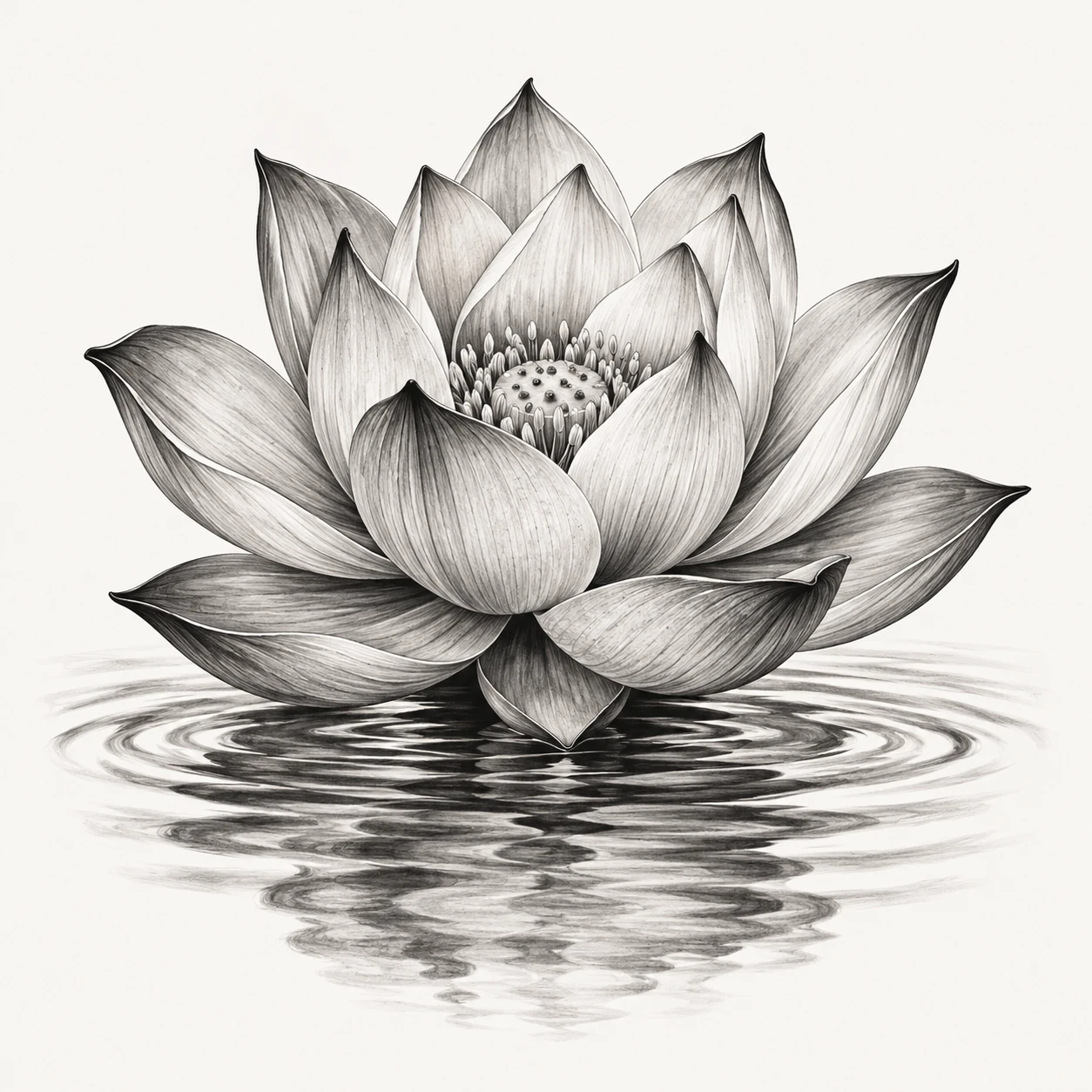 Desenho de tatuagem de Lótus em flor sobre ondas suaves, modelo NR-0755, em preto e cinza.