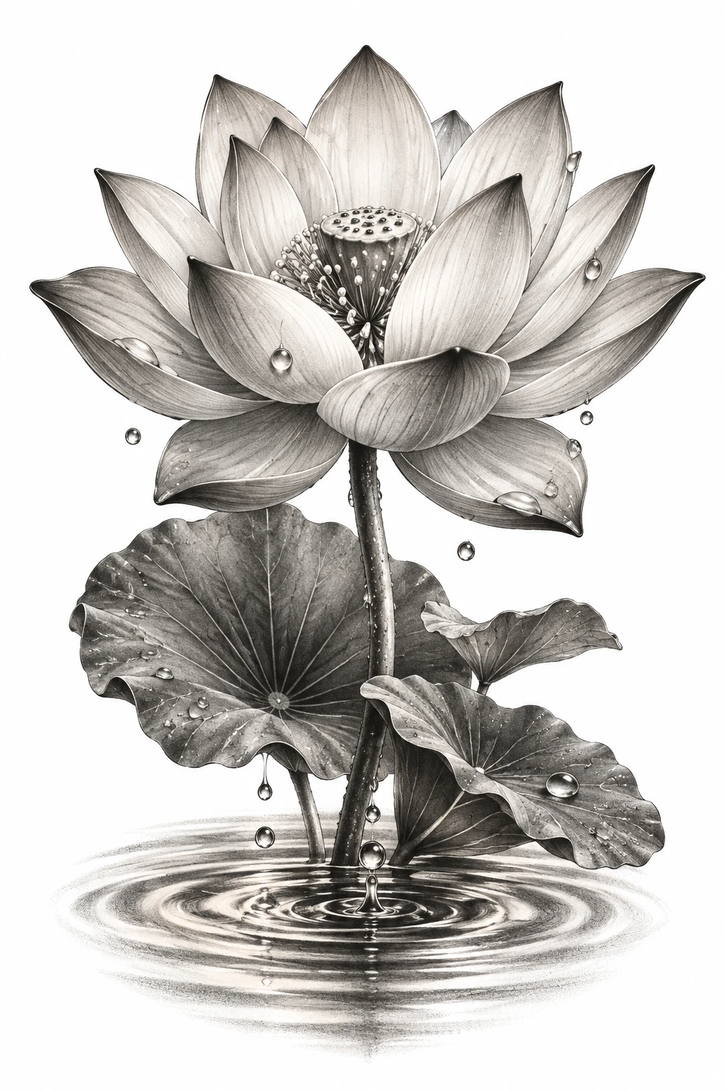 Desenho de tatuagem de Lótus sereno sobre águas suaves, modelo NR-0756, em preto e cinza.