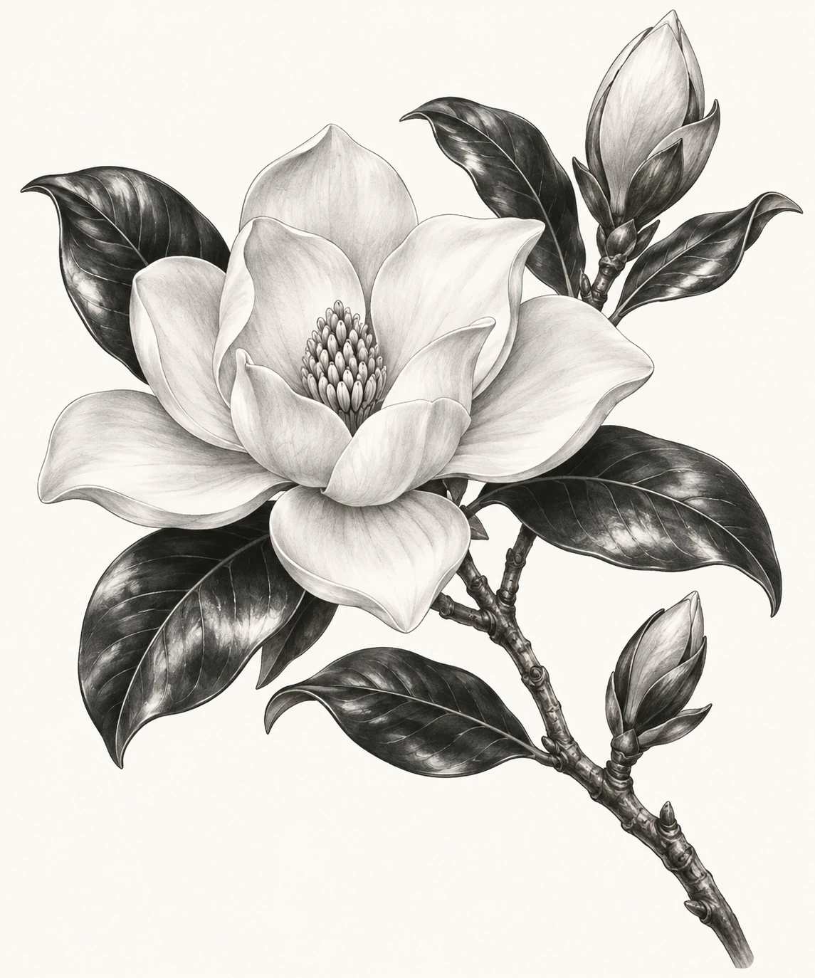 Desenho de tatuagem de Magnólia monocromática em ramo elegante, modelo NR-0757, em preto e cinza.