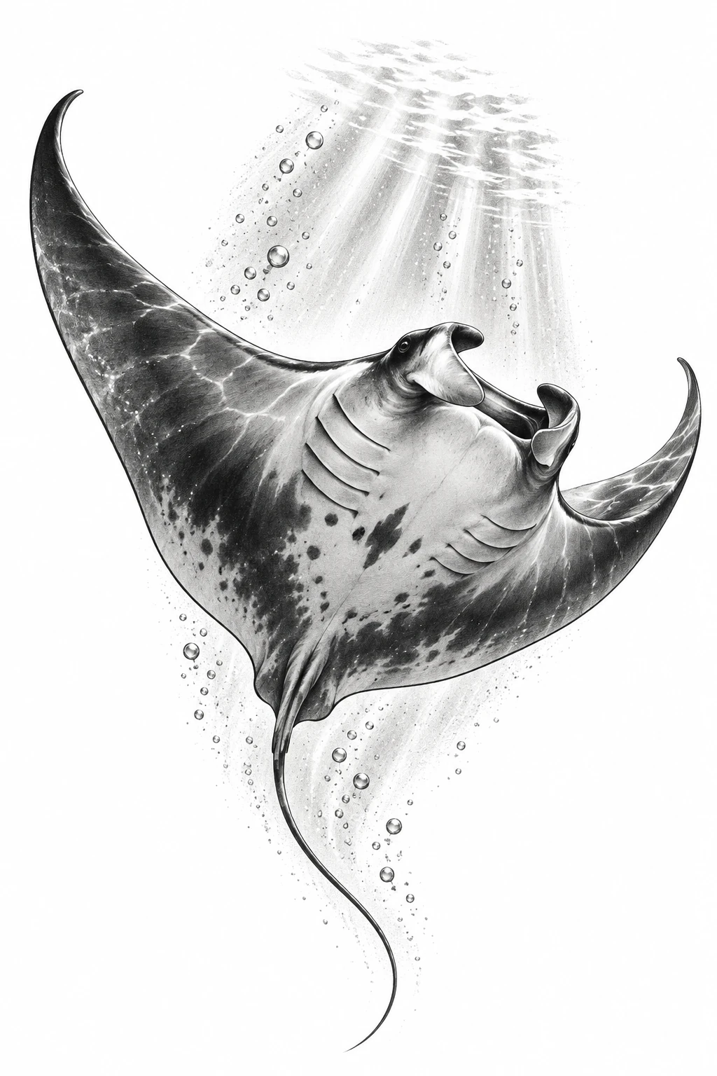 Desenho de tatuagem de Manta deslizando sob a superfície, modelo NR-0758, em preto e cinza.