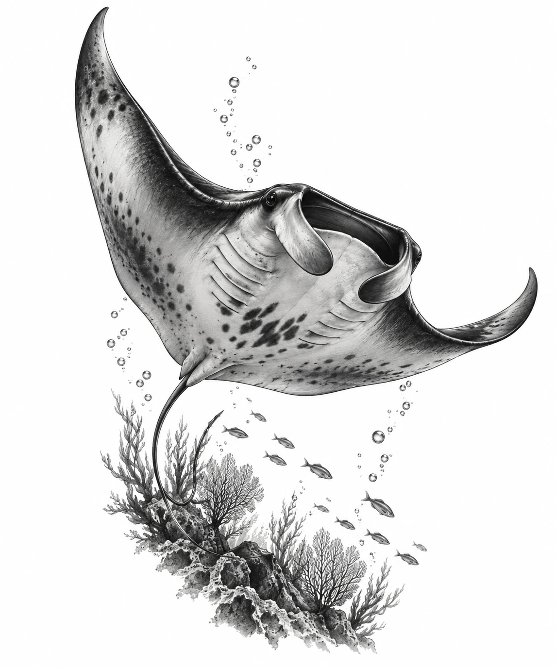 Desenho de tatuagem de Manta-raia em voo submarino, modelo NR-0759, em preto e cinza.