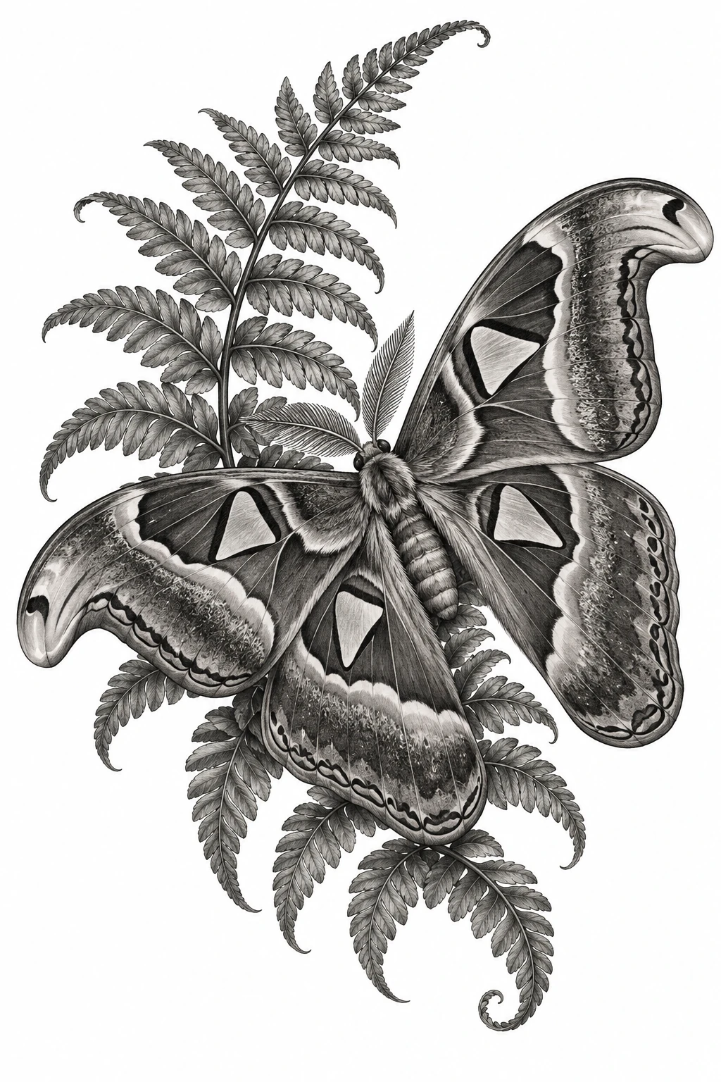 Desenho de tatuagem de Mariposa Atlas junto à samambaia, modelo NR-0760, em preto e cinza.
