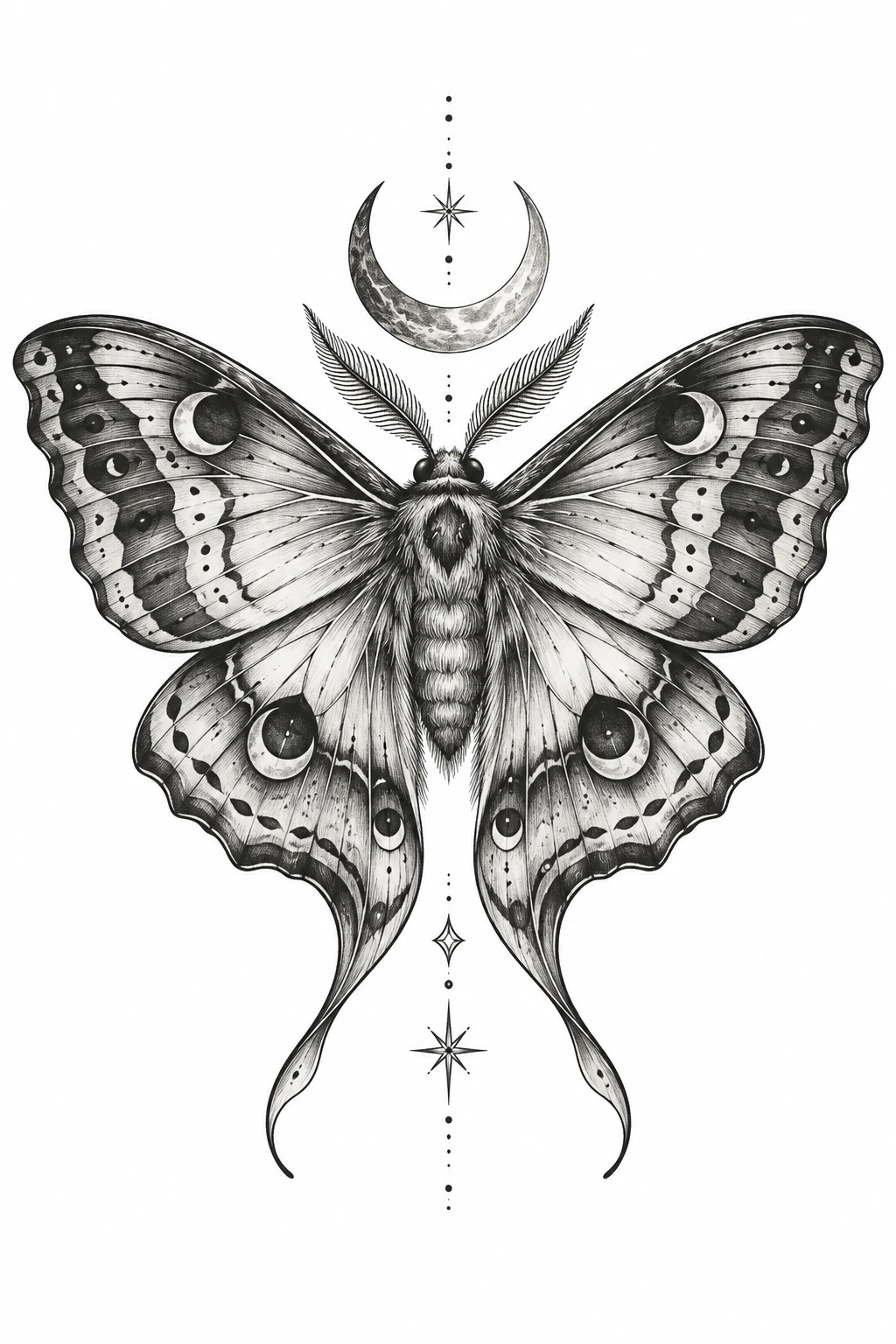 Desenho de tatuagem de Mariposa noturna com lua crescente, modelo NR-0761, em preto e cinza.
