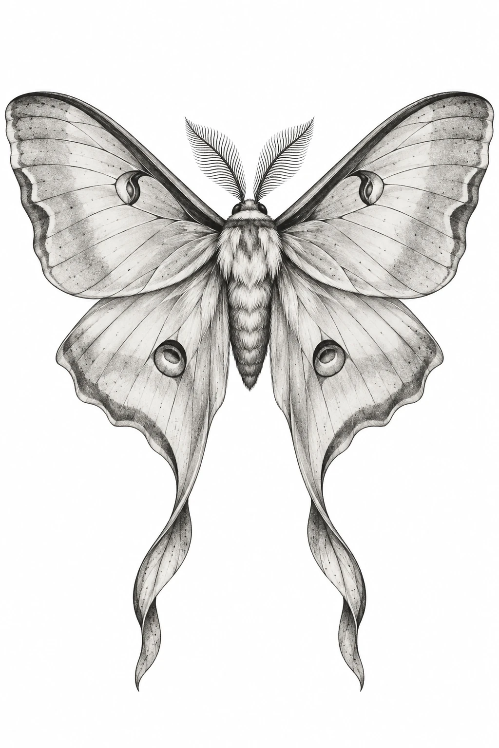 Desenho de tatuagem de Mariposa-lua de asas abertas, modelo NR-0762, em preto e cinza.