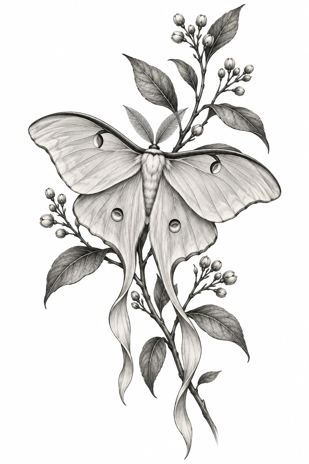 Desenho de tatuagem de Mariposa-lua delicada em ramo botânico, modelo NR-0763, em preto e cinza.