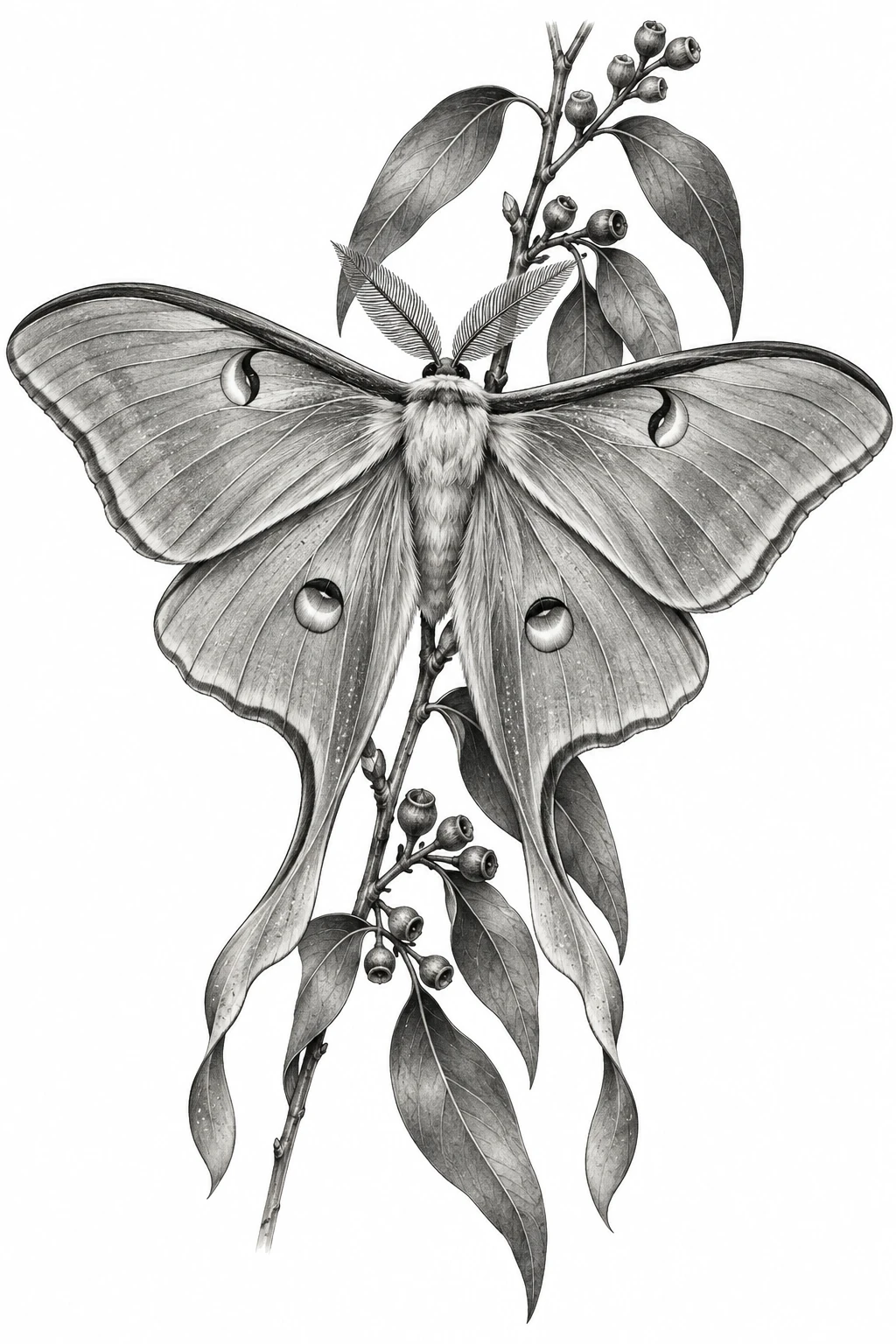Desenho de tatuagem de Mariposa-lua realista sobre galho de eucalipto, modelo NR-0764, em preto e cinza.