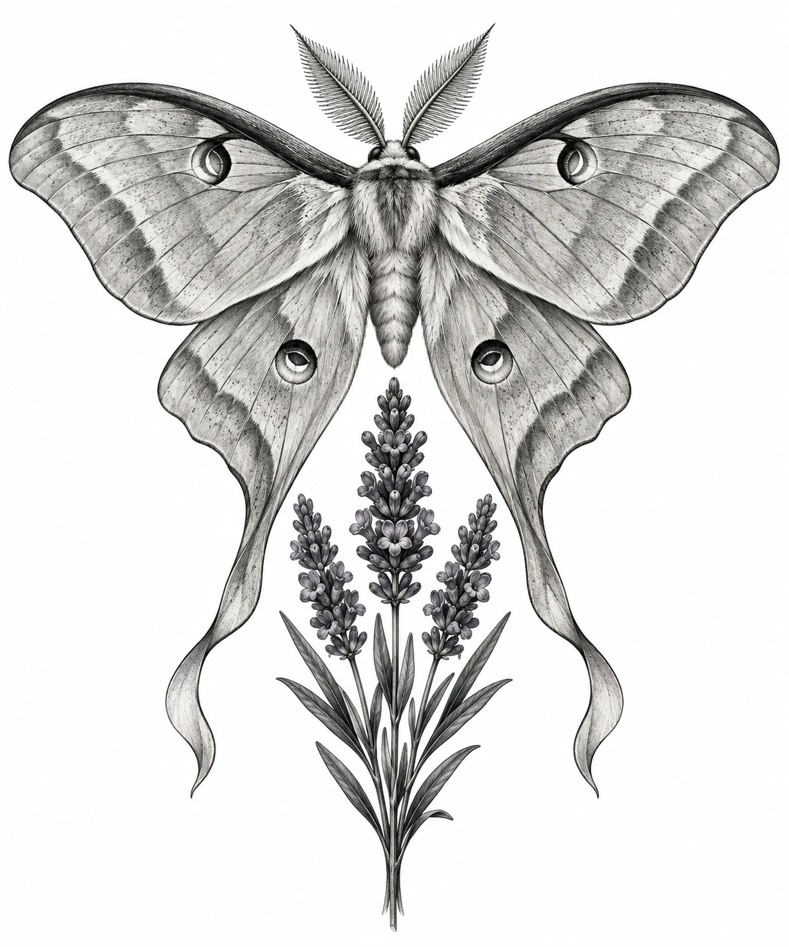 Desenho de tatuagem de Mariposa-lua sobre ramo de lavanda, modelo NR-0765, em preto e cinza.