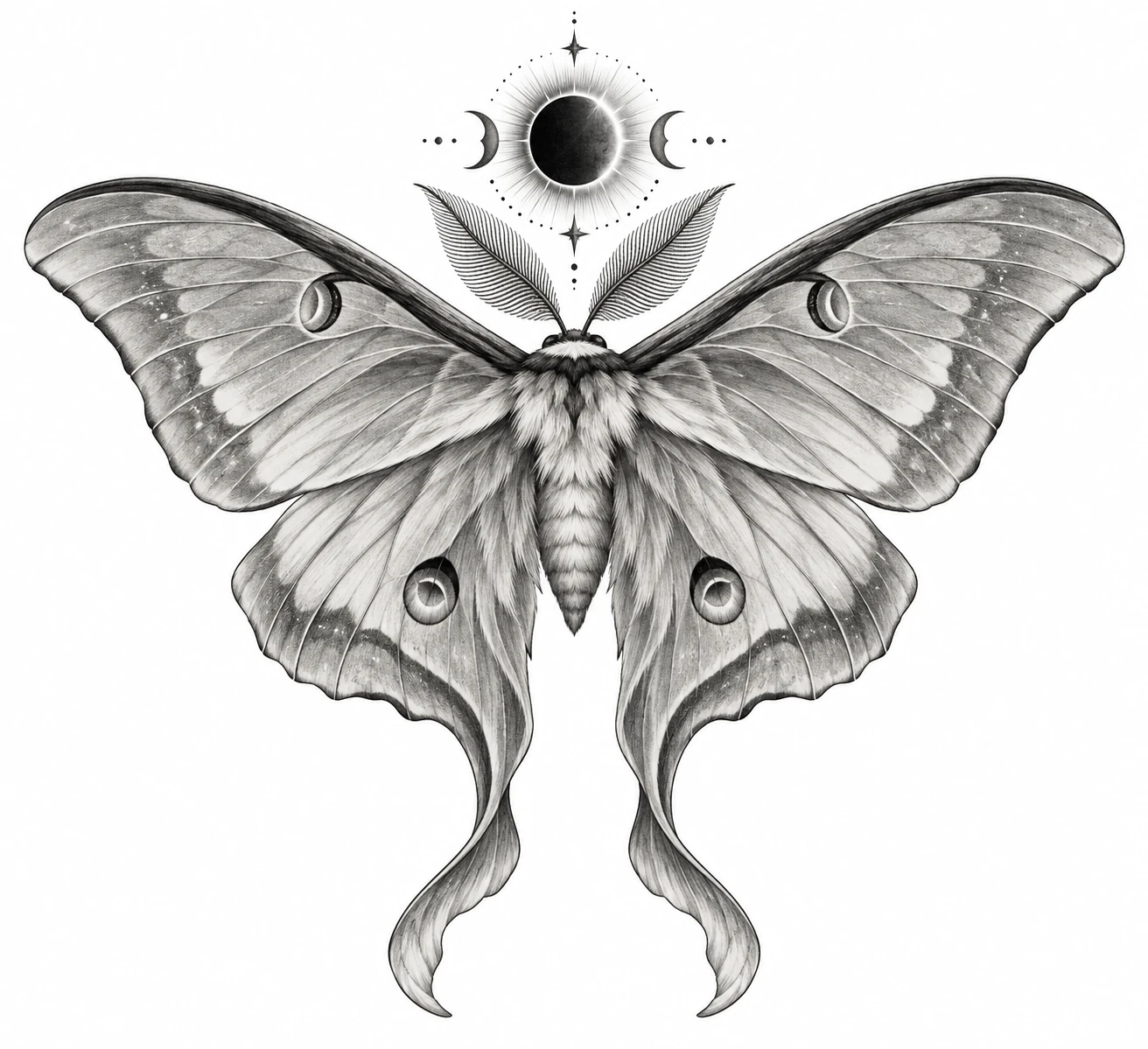Desenho de tatuagem de Mariposa-luna em eclipse, modelo NR-0766, em preto e cinza.