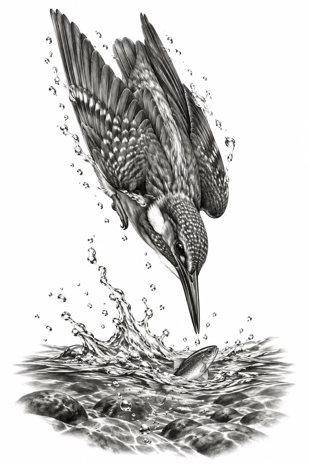 Desenho de tatuagem de Martim-pescador em mergulho, modelo NR-0767, em preto e cinza.