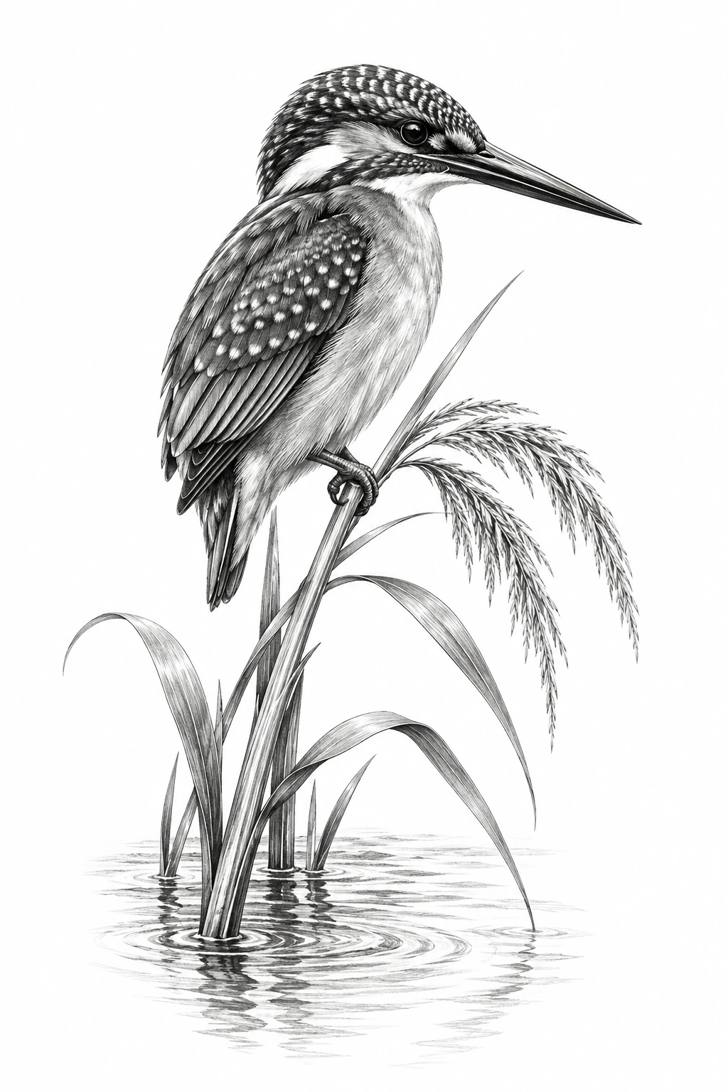 Desenho de tatuagem de Martim-pescador sobre o riacho, modelo NR-0768, em preto e cinza.