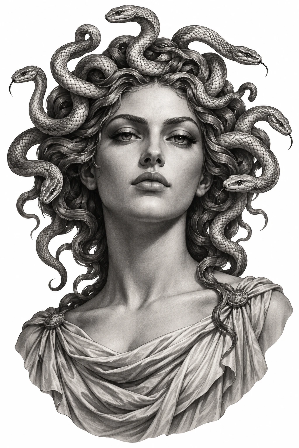 Desenho de tatuagem de Medusa clássica com coroa de serpentes(1), modelo NR-0769, em preto e cinza.