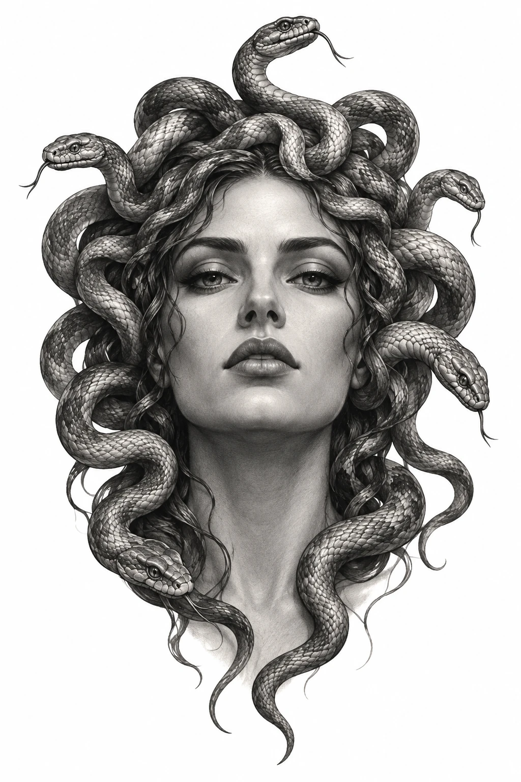 Desenho de tatuagem de Medusa clássica em preto e cinza, modelo NR-0770, em preto e cinza.