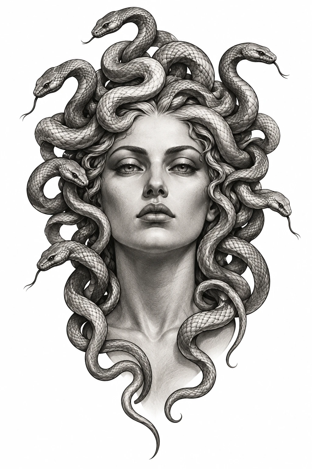 Desenho de tatuagem de Medusa serena com serpentes delicadas, modelo NR-0771, em preto e cinza.