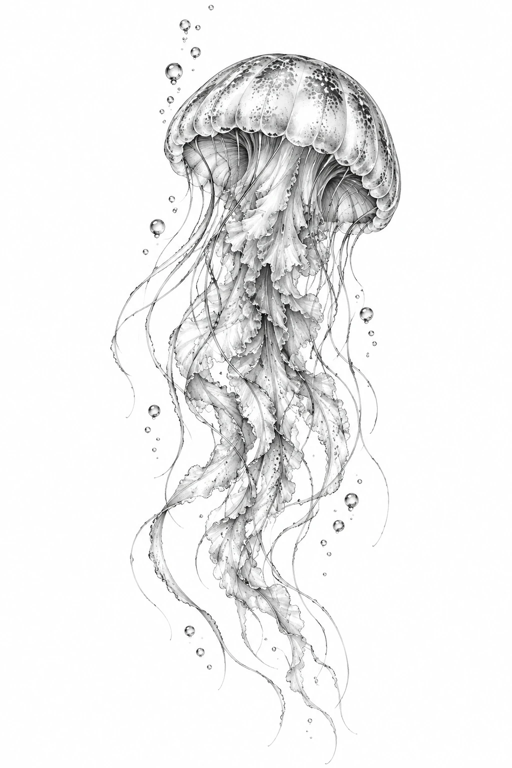 Desenho de tatuagem de Medusa translúcida em ascensão, modelo NR-0772, em preto e cinza.