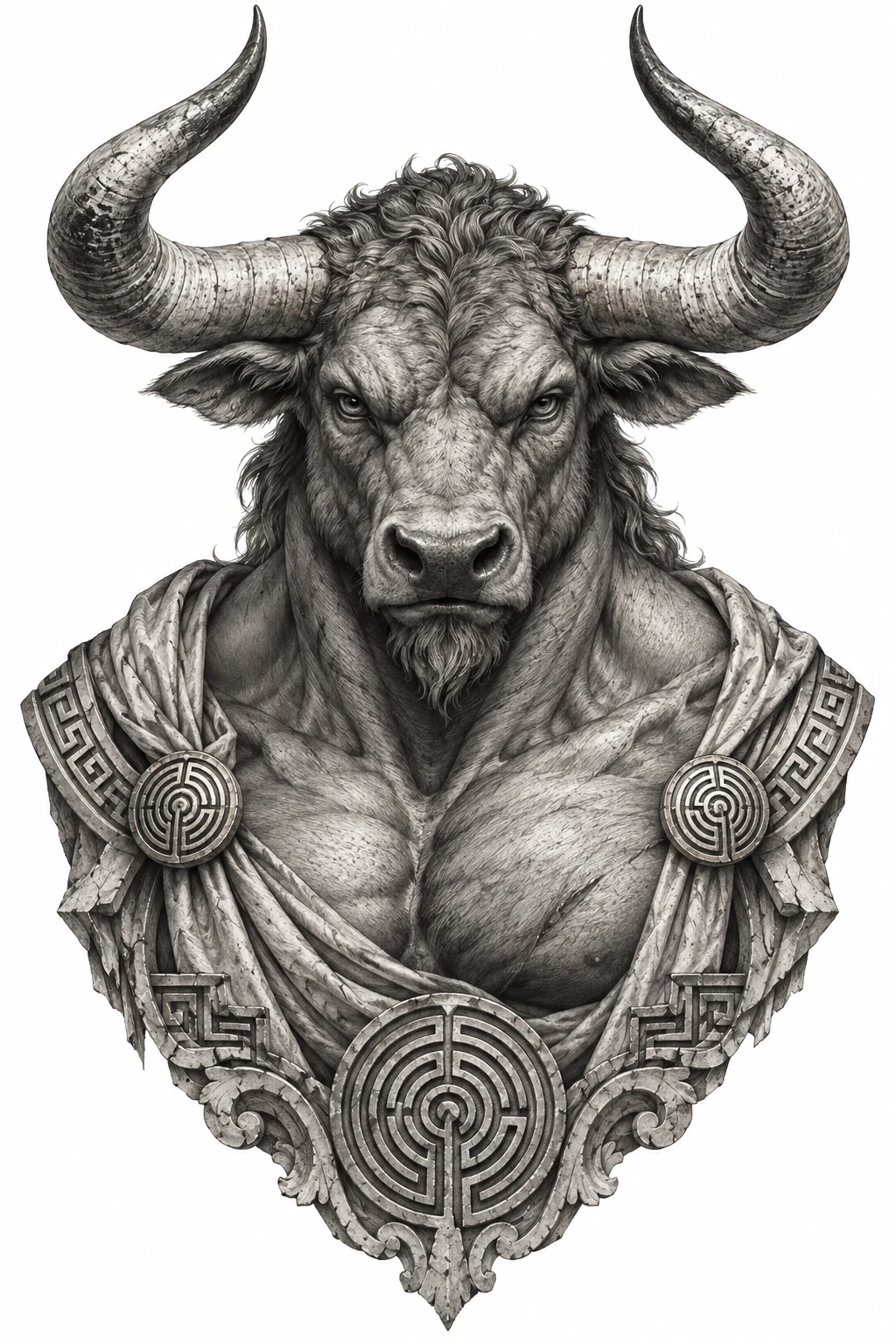 Desenho de tatuagem de Minotauro mítico com labirinto clássico, modelo NR-0774, em preto e cinza.
