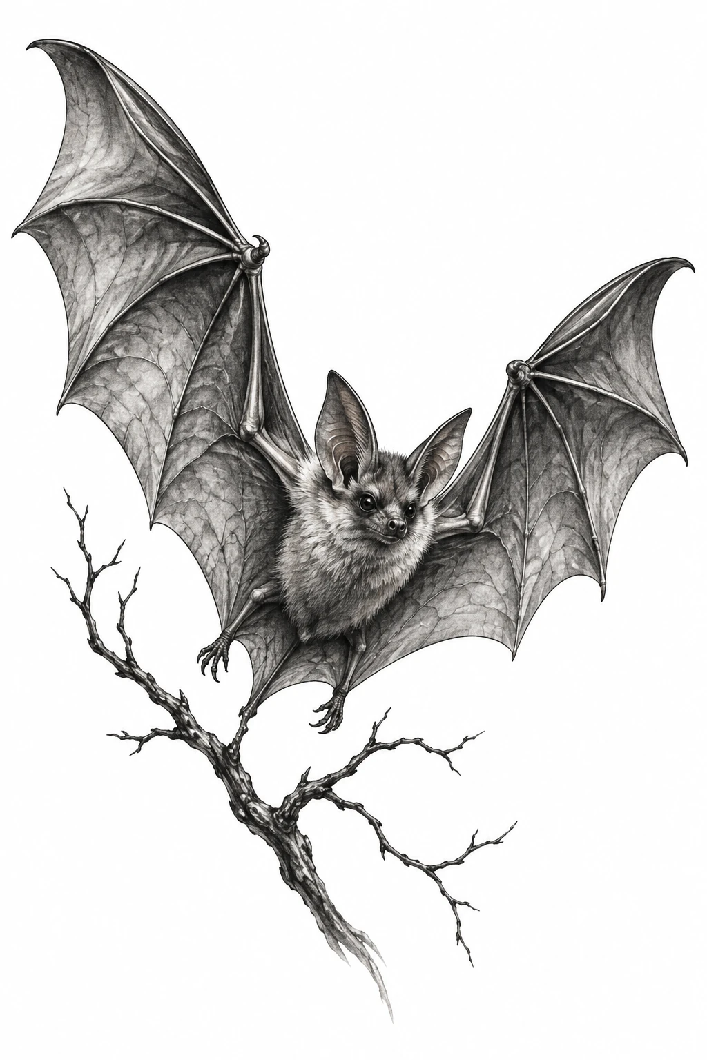 Desenho de tatuagem de Morcego em voo sobre ramo seco, modelo NR-0775, em preto e cinza.