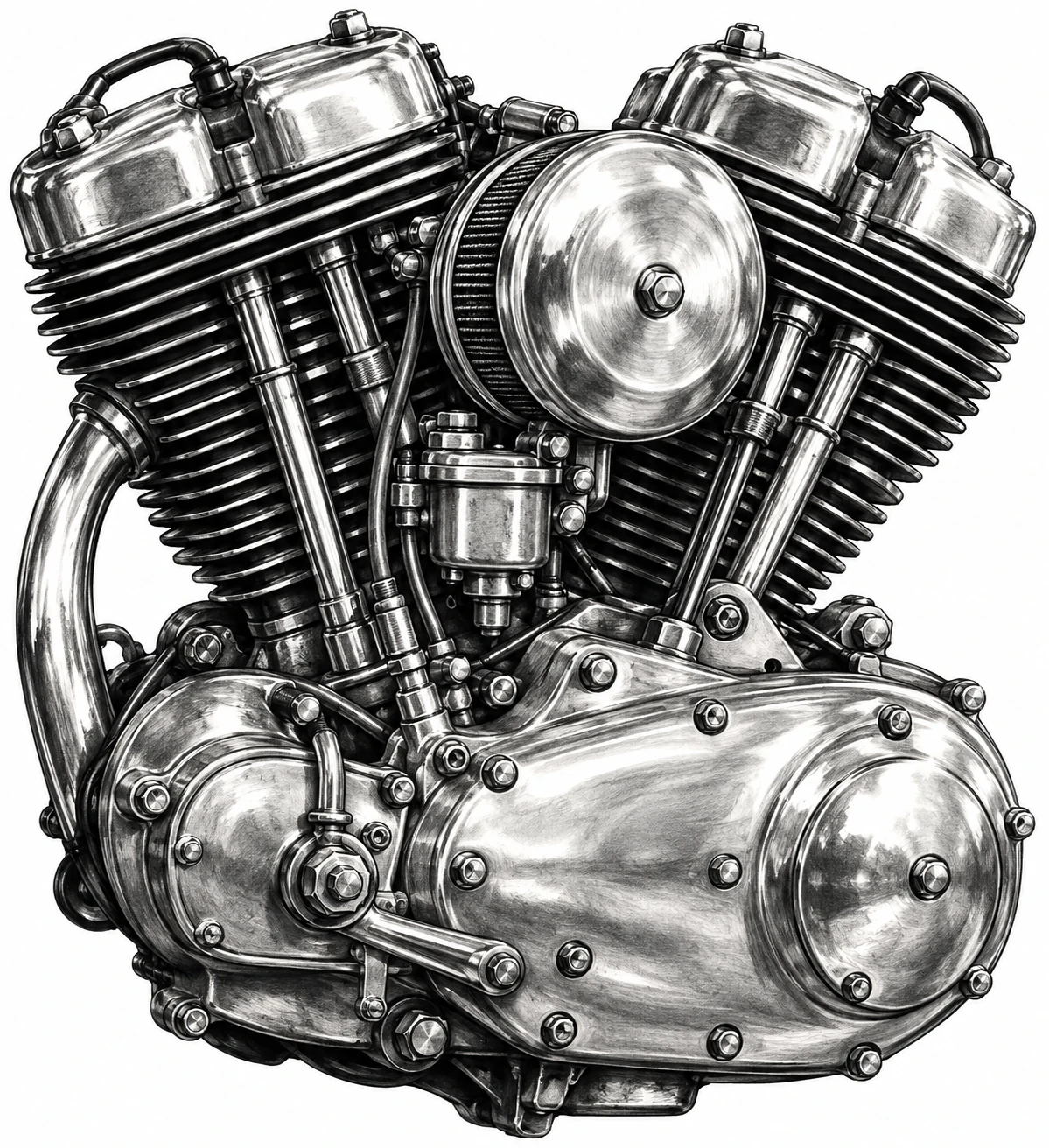 Desenho de tatuagem de Motor vintage com aletas e parafusos, modelo NR-0778, em preto e cinza.