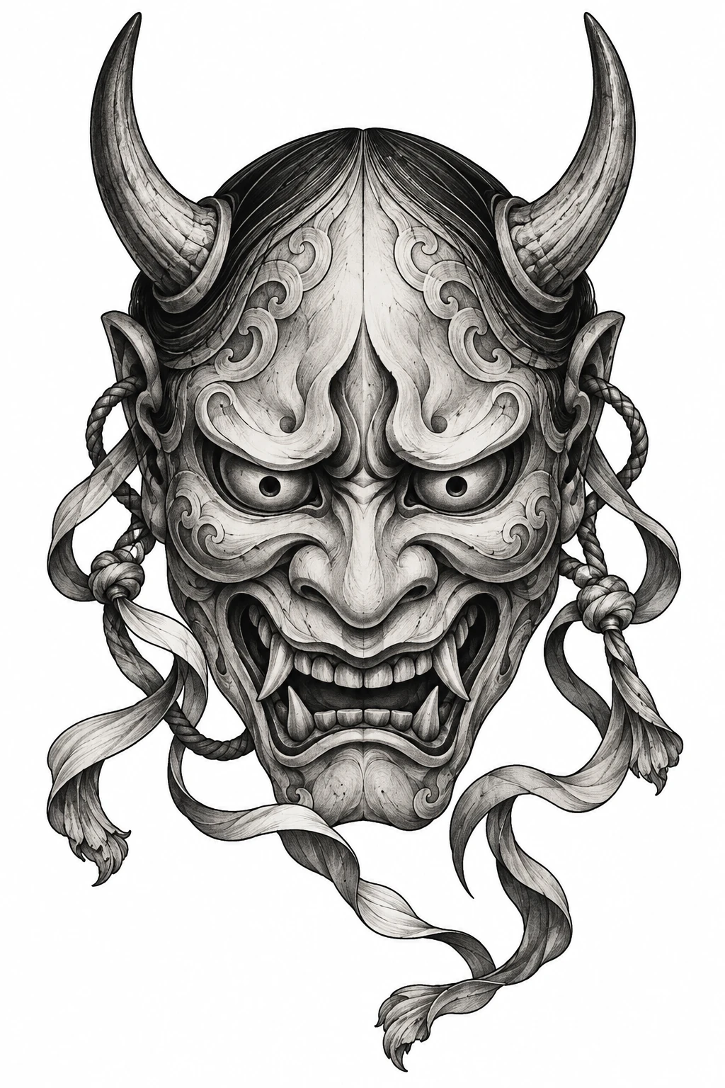 Desenho de tatuagem de Máscara Hannya em Preto e Cinza, modelo NR-0781, em preto e cinza.