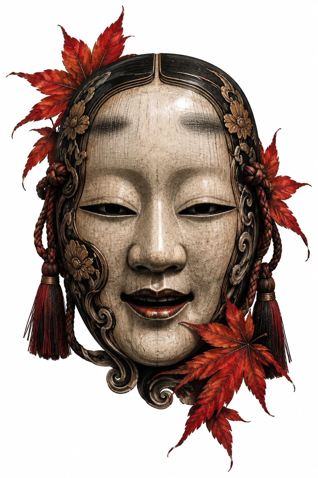 Desenho de tatuagem de Máscara noh com folhas de bordo, modelo NR-0782, em preto e cinza.
