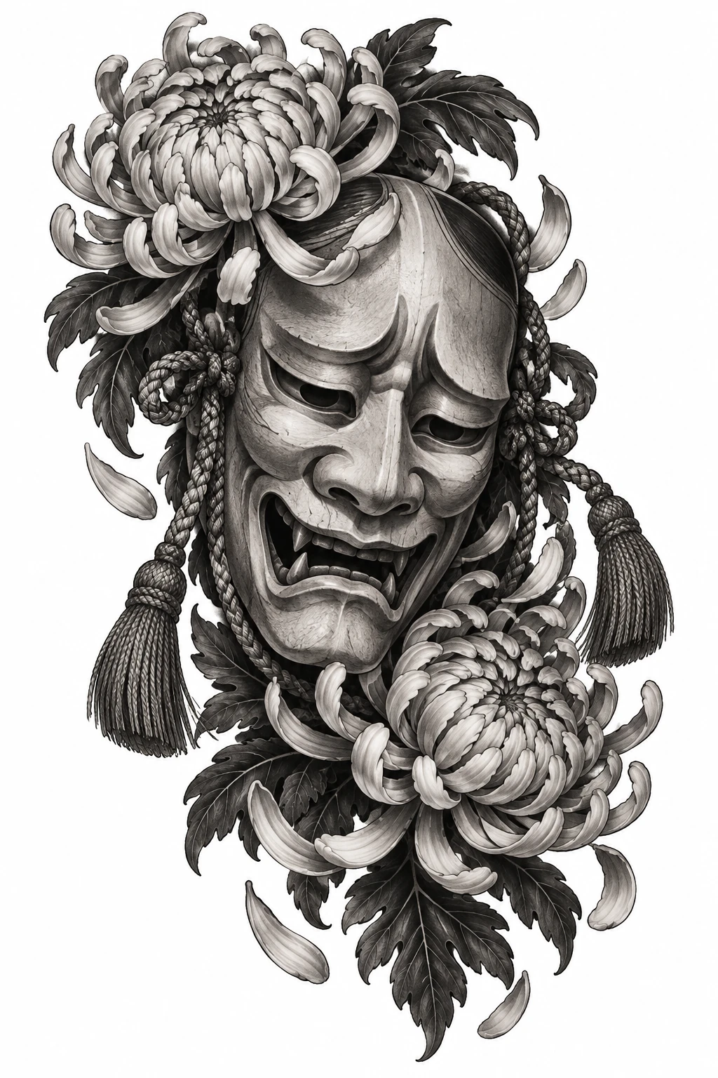 Desenho de tatuagem de Máscara Nô com cordões e crisântemos, modelo NR-0783, em preto e cinza.