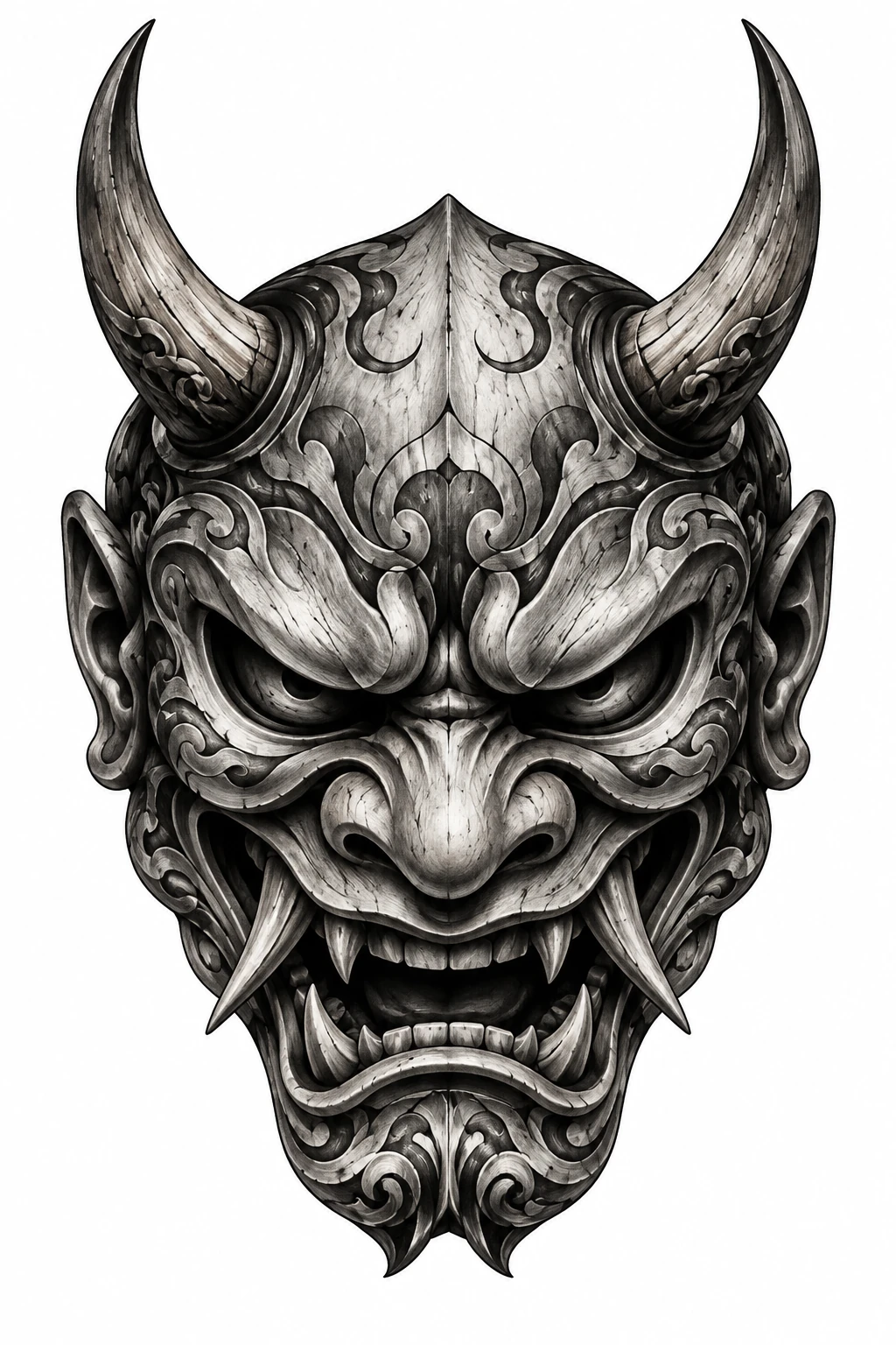 Desenho de tatuagem de Máscara oni japonesa com chifres curvos, modelo NR-0784, em preto e cinza.